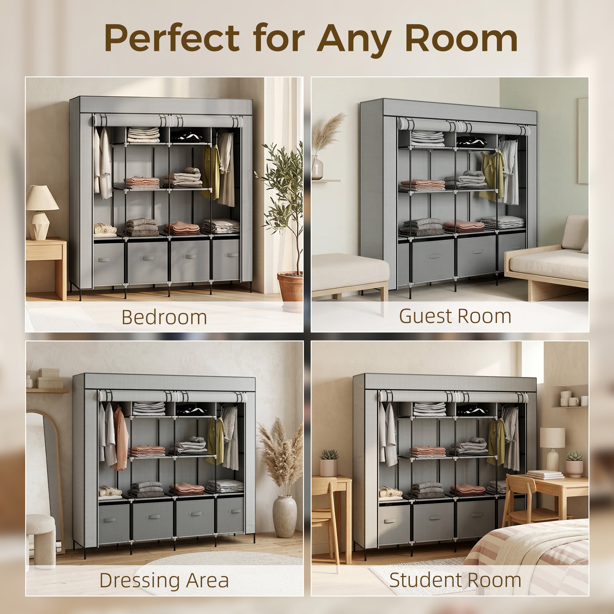 HOMCOM Fabric Wardrobe for Bedroom, Portable Cloth Wardrobe with 10 Compartments, 2 Hanging Rails and 4 Fabric Drawers, 166 x 42.5 x 169.5cm, Dark Grey