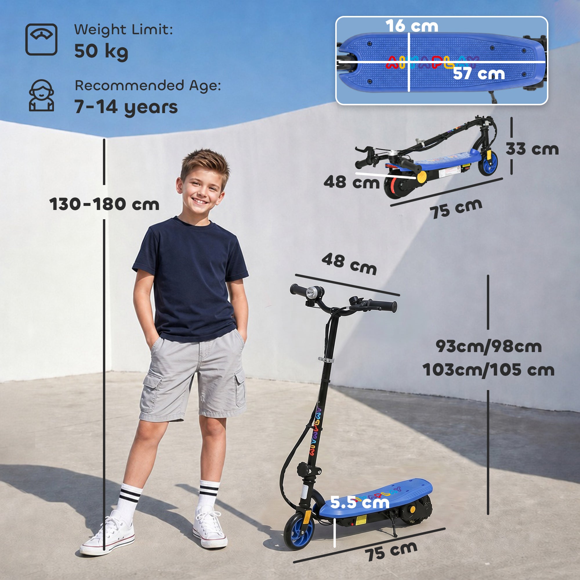 HOMCOM Foldable Electric Scooter, with LED Headlight, for Ages 7-14 Years - Blue