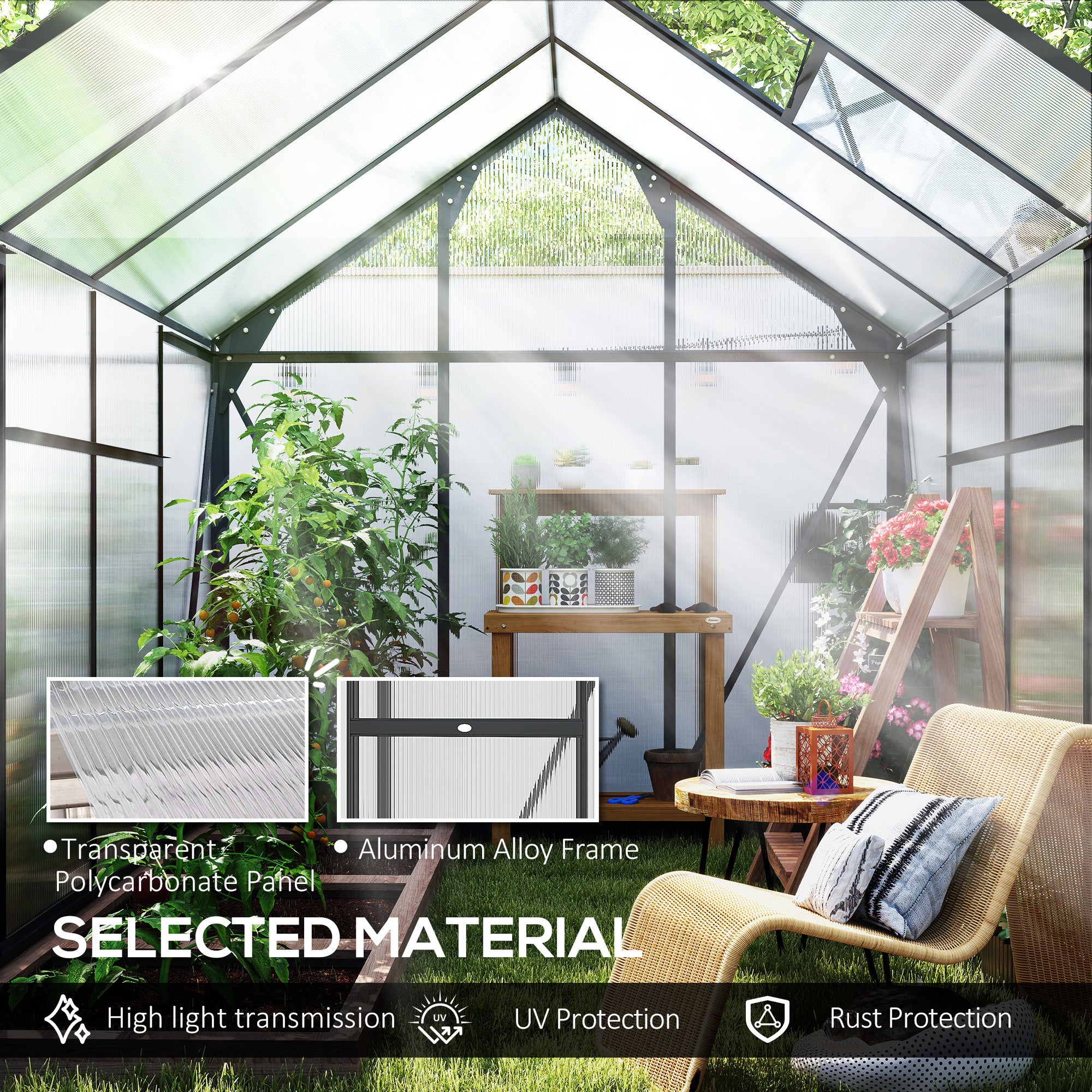 Outsunny 6 x 8ft Polycarbonate Greenhouse, Large Walk-In Green House with Slide Door and Window, Garden Plants Grow House with Aluminium Frame and Foundation, Grey