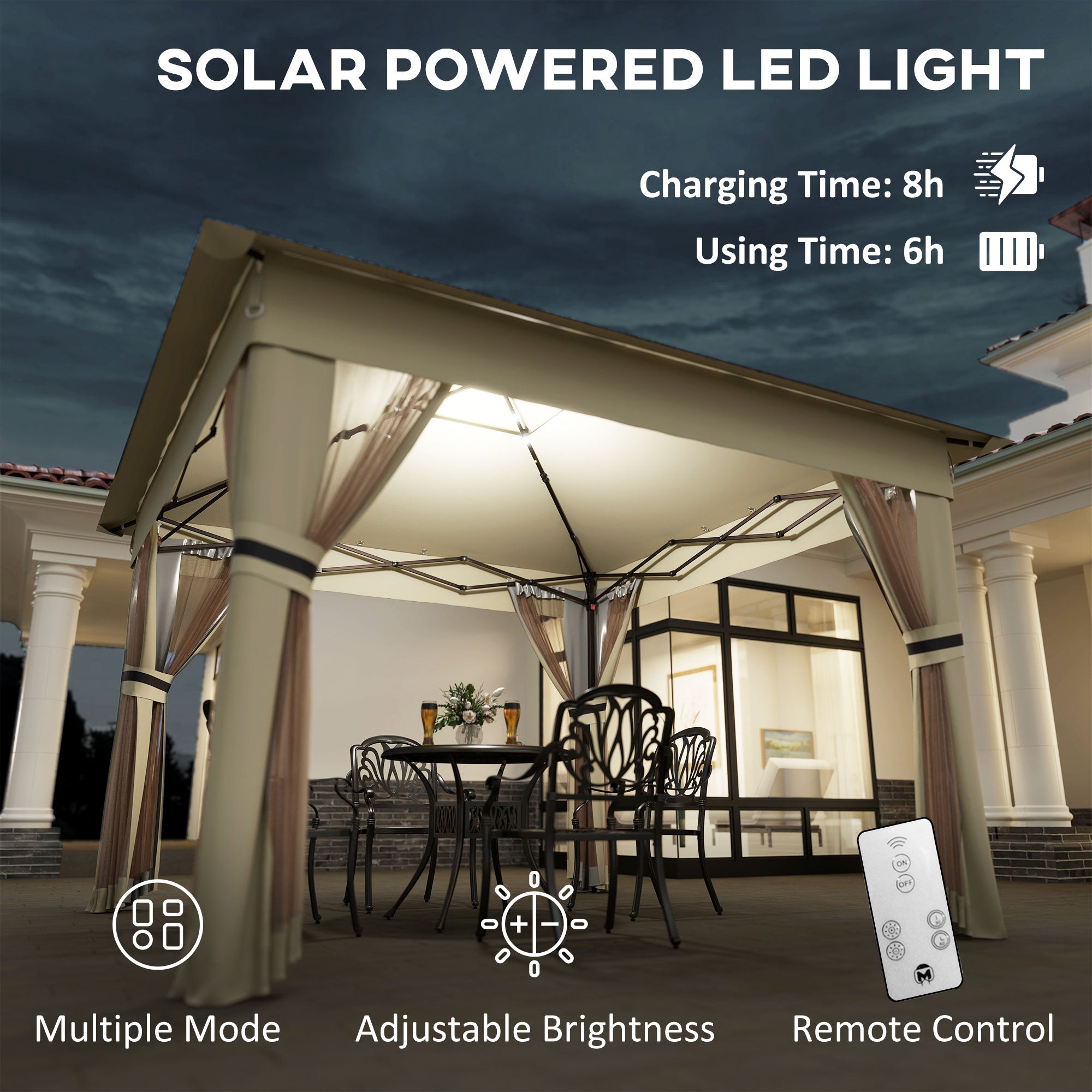 Outsunny 3 x 3(m) Pop Up Gazebo Party Tent with Solar-Powered LED Lights, Adjustable Event Shelter with Netting, Khaki - North Peak Garden Furniture
