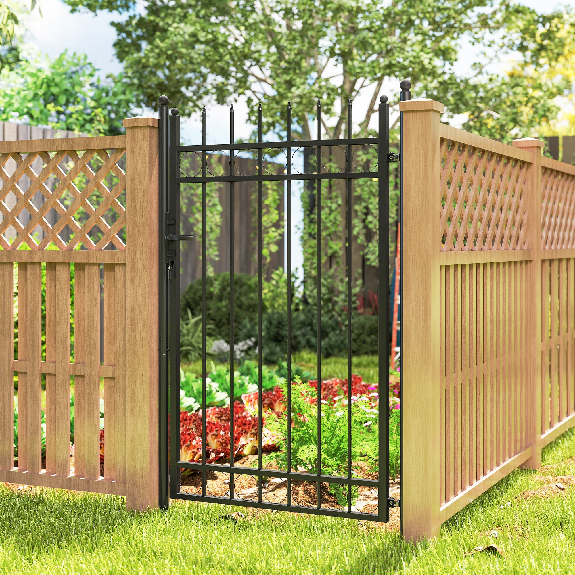 Outsunny Galvanised Steel Garden Gate, Outdoor Fence Gate Security Barrier with Lock, Keys and Handle, Outdoor Entrance Way Door with Classic Finials, 105 x 204 cm, Black - North Peak Garden Furniture