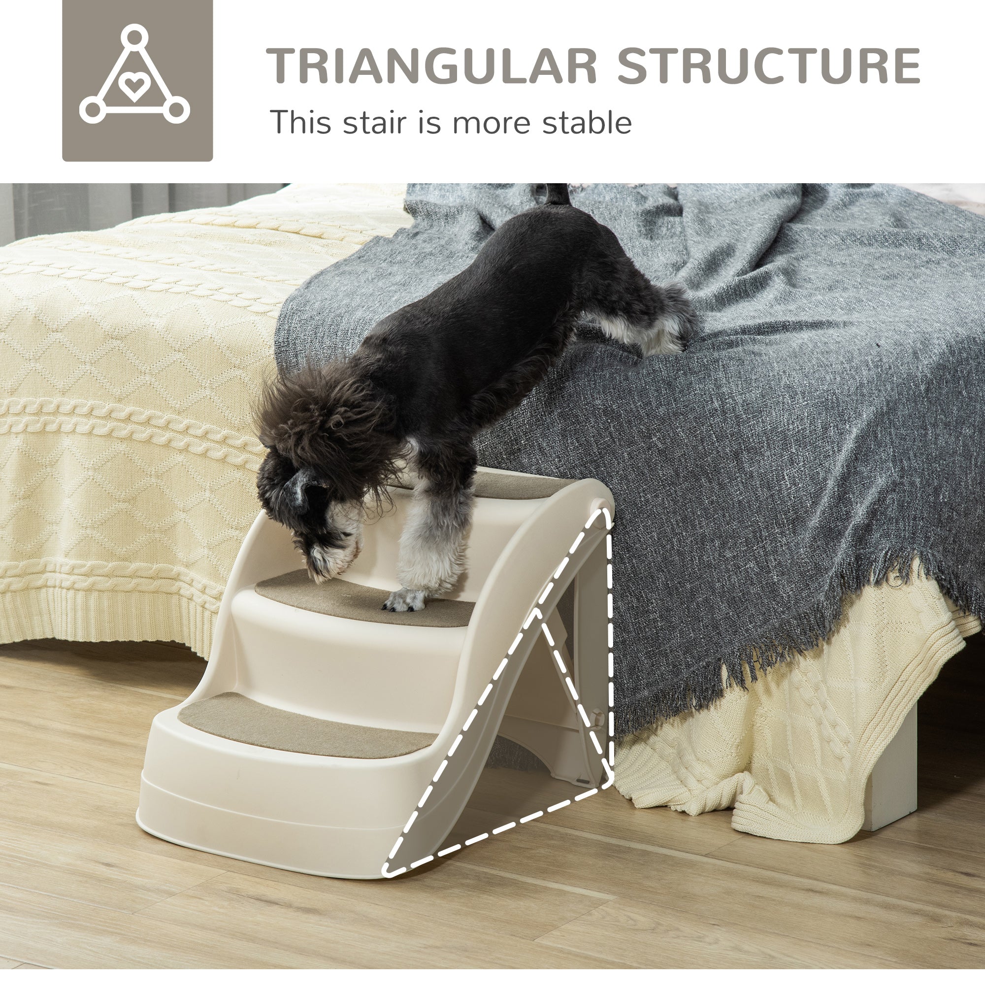 PawHut Foldable Pet Stairs Portable Dog Steps 3-Step Design with Non-slip Mats for High Beds, Sofas, 49 x 38 x 38 cm, Cream - North Peak Garden Furniture