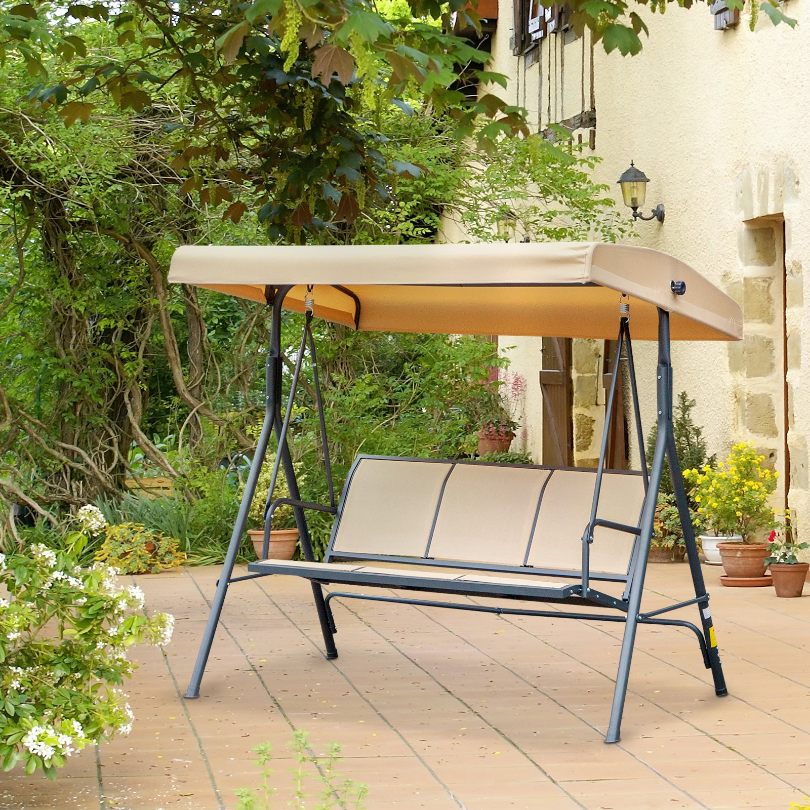 Outsunny 3 Seater Swing Chair, Garden Swing Bench with Canopy, Breathable Mesh Seat and Heavy Duty Steel Frame for Patio, Yard, Beige - North Peak Garden Furniture