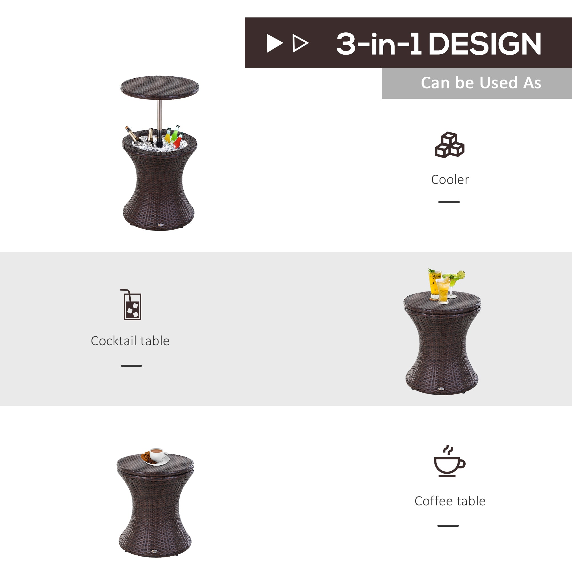 Outsunny PE Rattan Ice Bucket Table, Outdoor Round Liftable Beer Cooler, Cocktail Tables for Bar, Patio, Deck, Pool, Brown - North Peak Garden Furniture