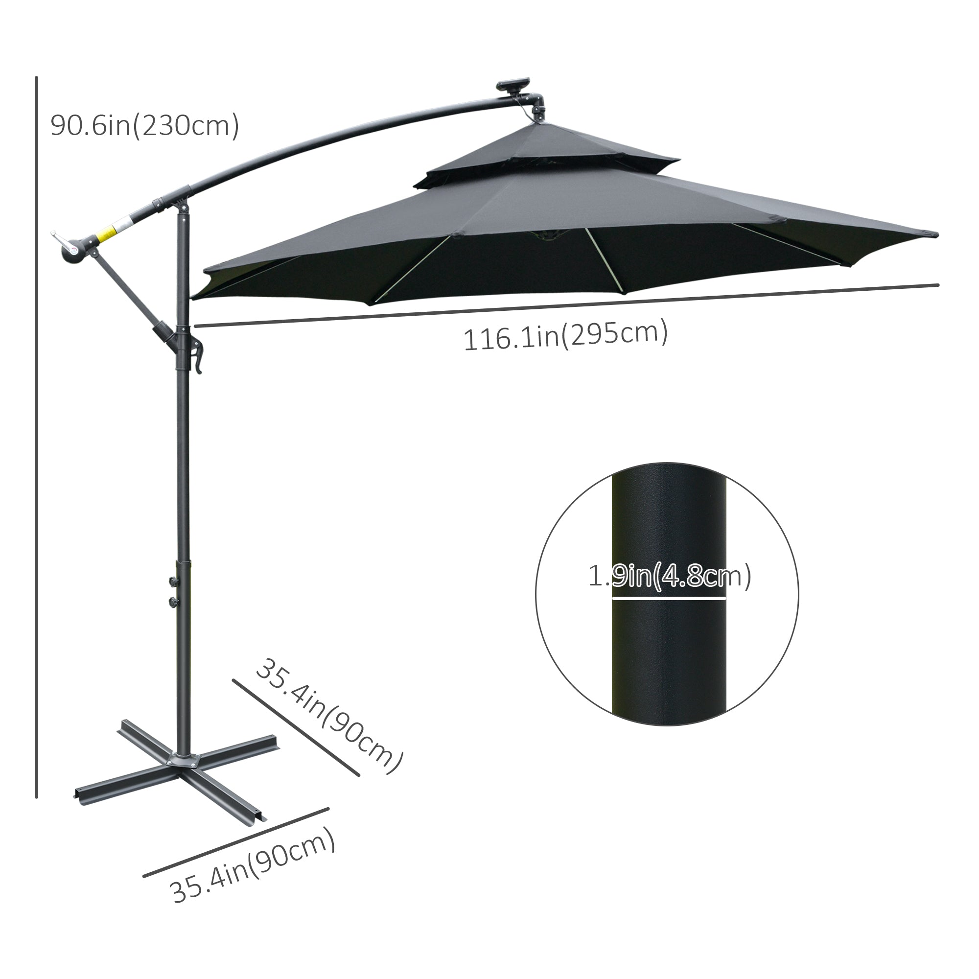Outsunny 3(m) Cantilever Banana Parasol Hanging Umbrella with LED Solar lights, Crank, 8 Sturdy Ribs and Cross Base for Outdoor, Garden, Patio, Black - North Peak Garden Furniture