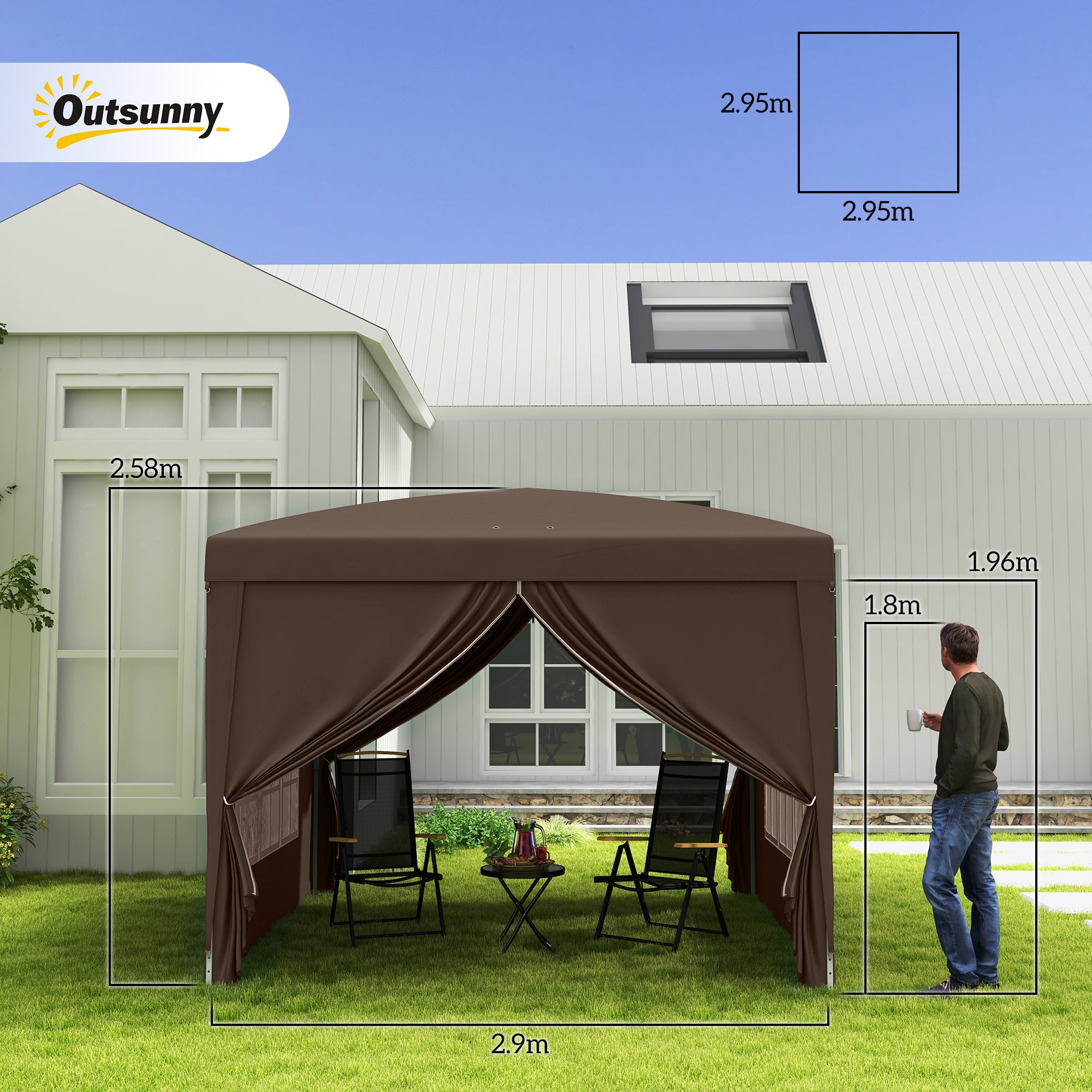 Outsunny 3 x 3 m Pop Up Gazebo, Wedding Party Canopy Tent Marquee with Carry Bag and Windows, Coffee - North Peak Garden Furniture
