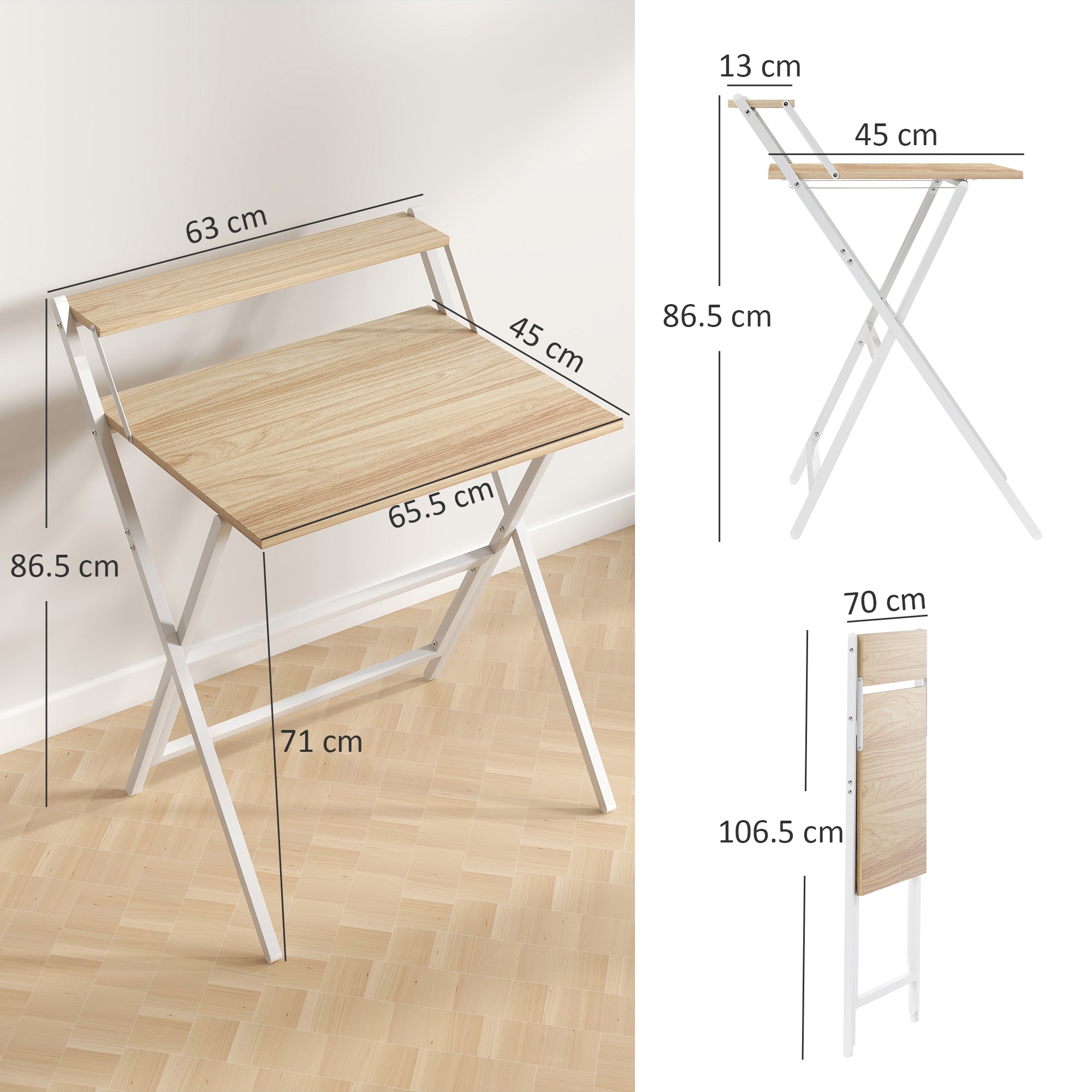 HOMCOM 70 cm Folding Computer Desk with Monitor Shelf - Natural Wood Finish - North Peak Garden Furniture