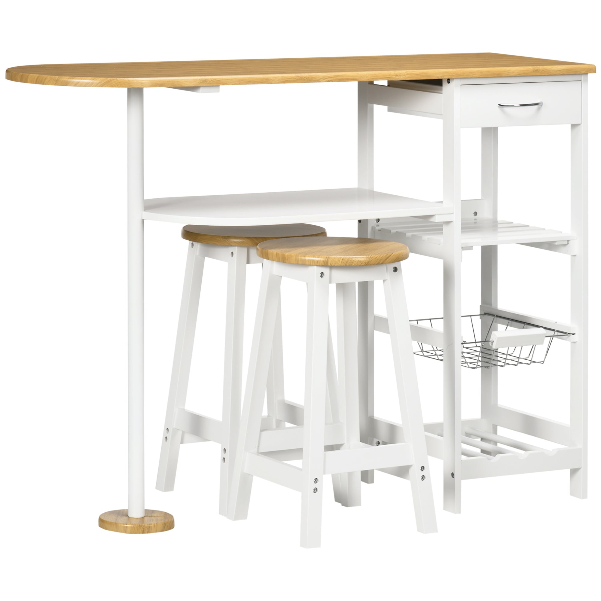 HOMCOM 3 Piece Bar Table Set, Breakfast Bar table and Stools with Storage Shelf, Drawer, Wire Basket and Wine Rack for Kitchen, Home Bar, Natural and White - North Peak Garden Furniture