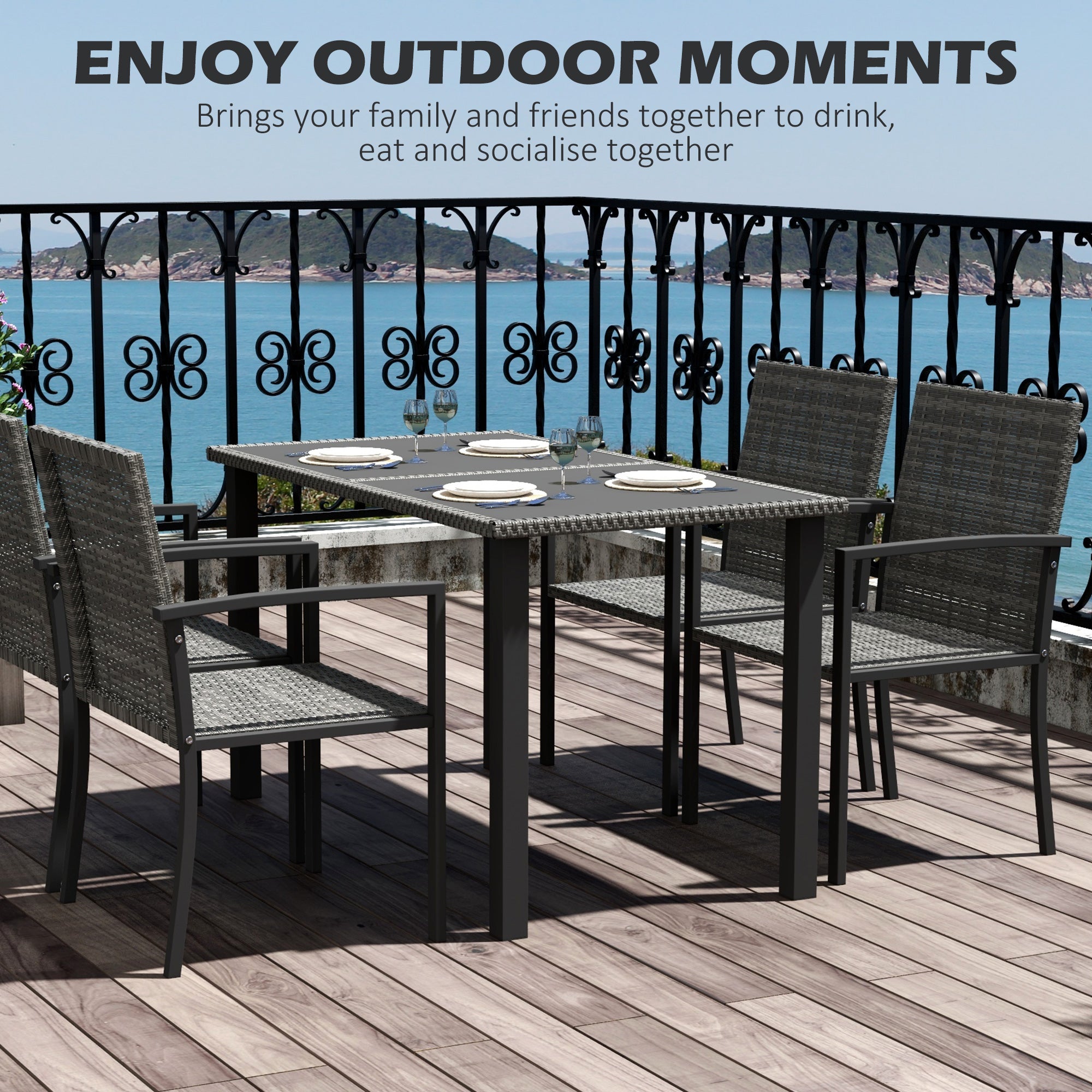 Outsunny Outdoor Dining Set 5 Pieces Patio Conservatory with Tempered Glass Tabletop,4 Dining Chairs - Grey - North Peak Garden Furniture