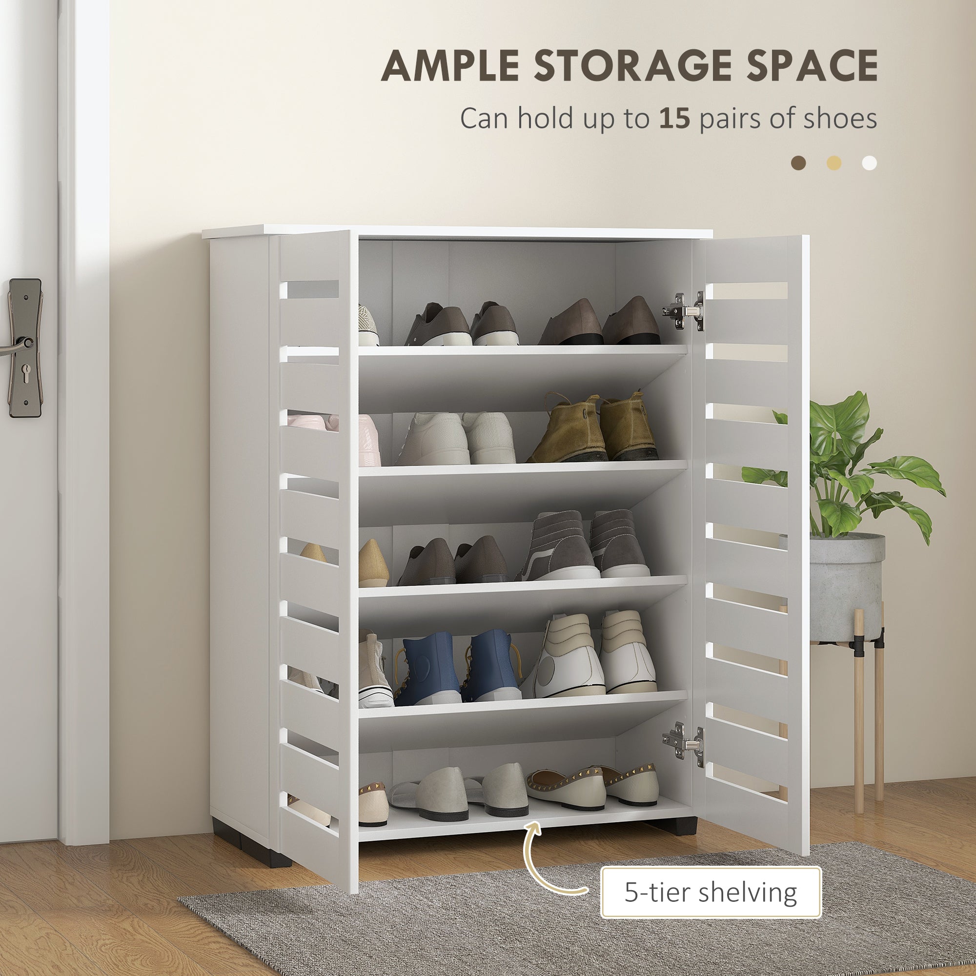 HOMCOM Narrow Shoe Cabinet for Entryway, 5-Tier Slim Shoe Storage Cabinet with 2 Slatted Doors and Adjustable Shelves