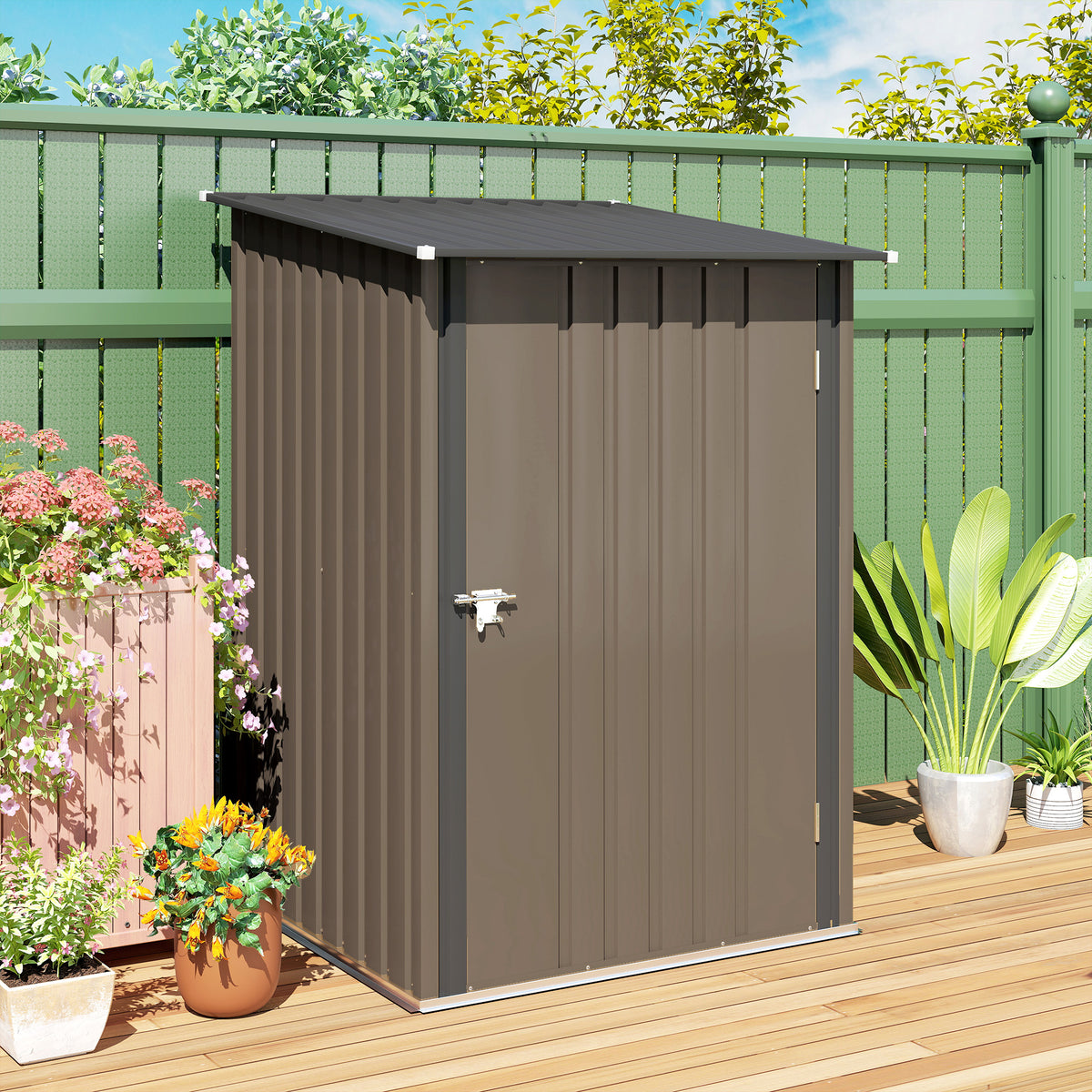 Outsunny 3.3 x 3.4ft Lean To Steel Garden Shed with Locking Door - Brown/Grey