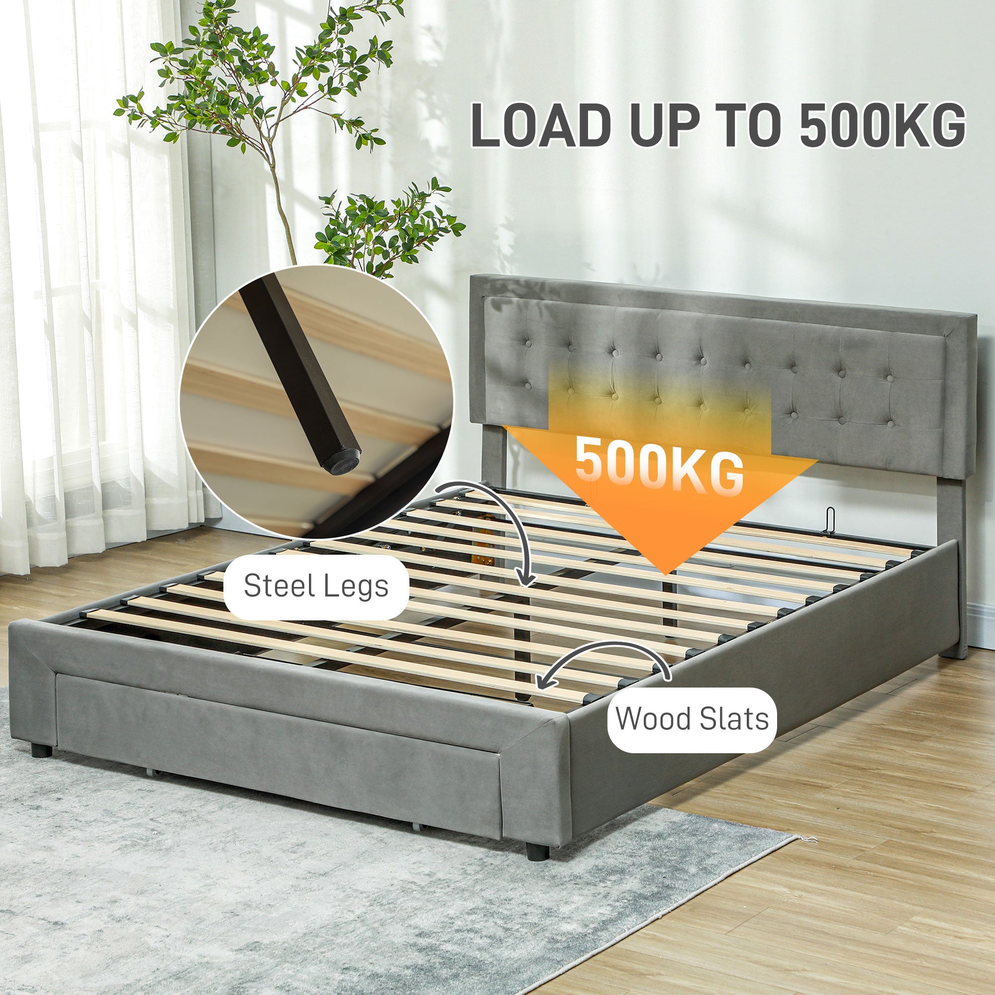 HOMCOM King Size Ottoman Bed Frame, with Front Drawer - Grey - North Peak Garden Furniture