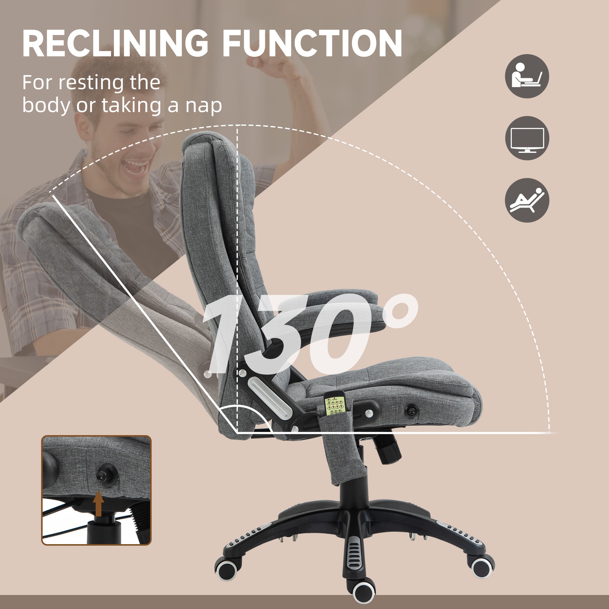 Vinsetto Massage Recliner Chair Heated Office Chair with Six Massage Points Linen-Feel Fabric 360° Swivel Wheels Grey - North Peak Garden Furniture