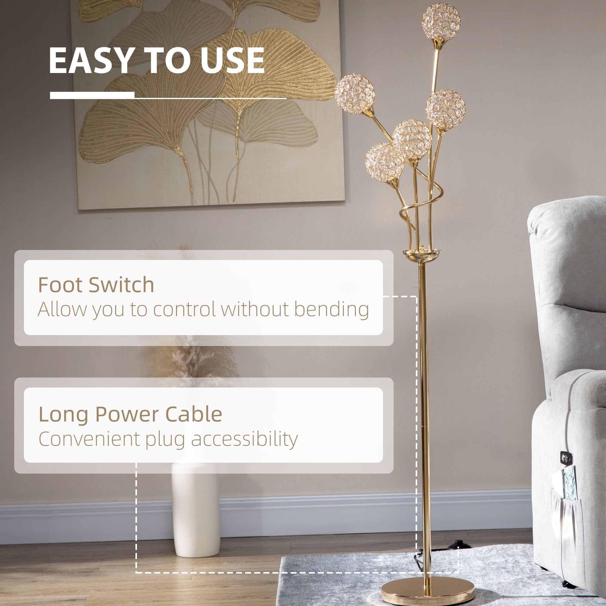 HOMCOM Crystal Floor Lamps for Living Room Bedroom with 5 Light, Modern Upright Standing Lamp, 34x25x156cm, Gold Tone - North Peak Garden Furniture