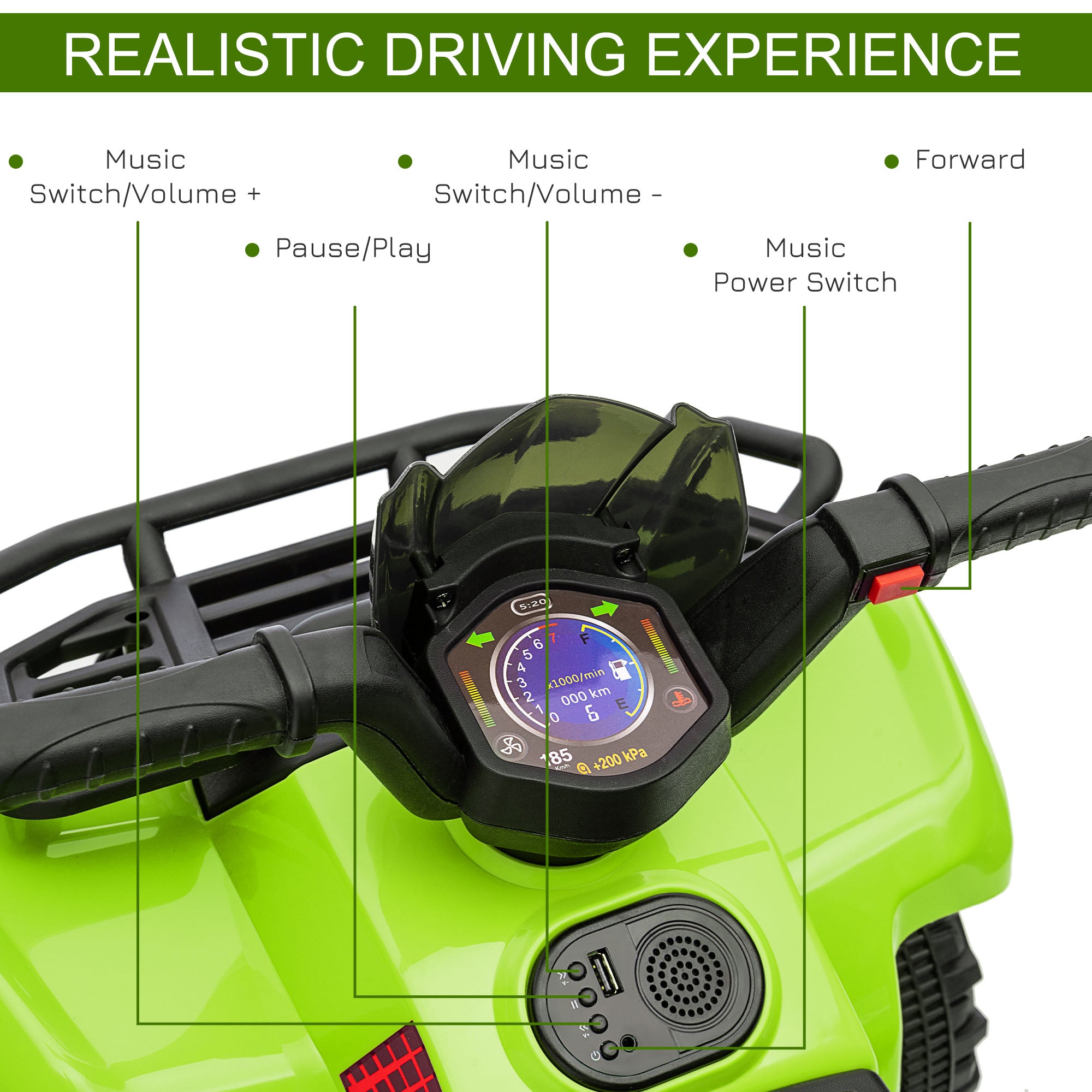 HOMCOM 6V Kids Electric Ride on Car Toddlers Quad Bike All Terrain Vehicle Toy With Music for 18-36 months Green - North Peak Garden Furniture