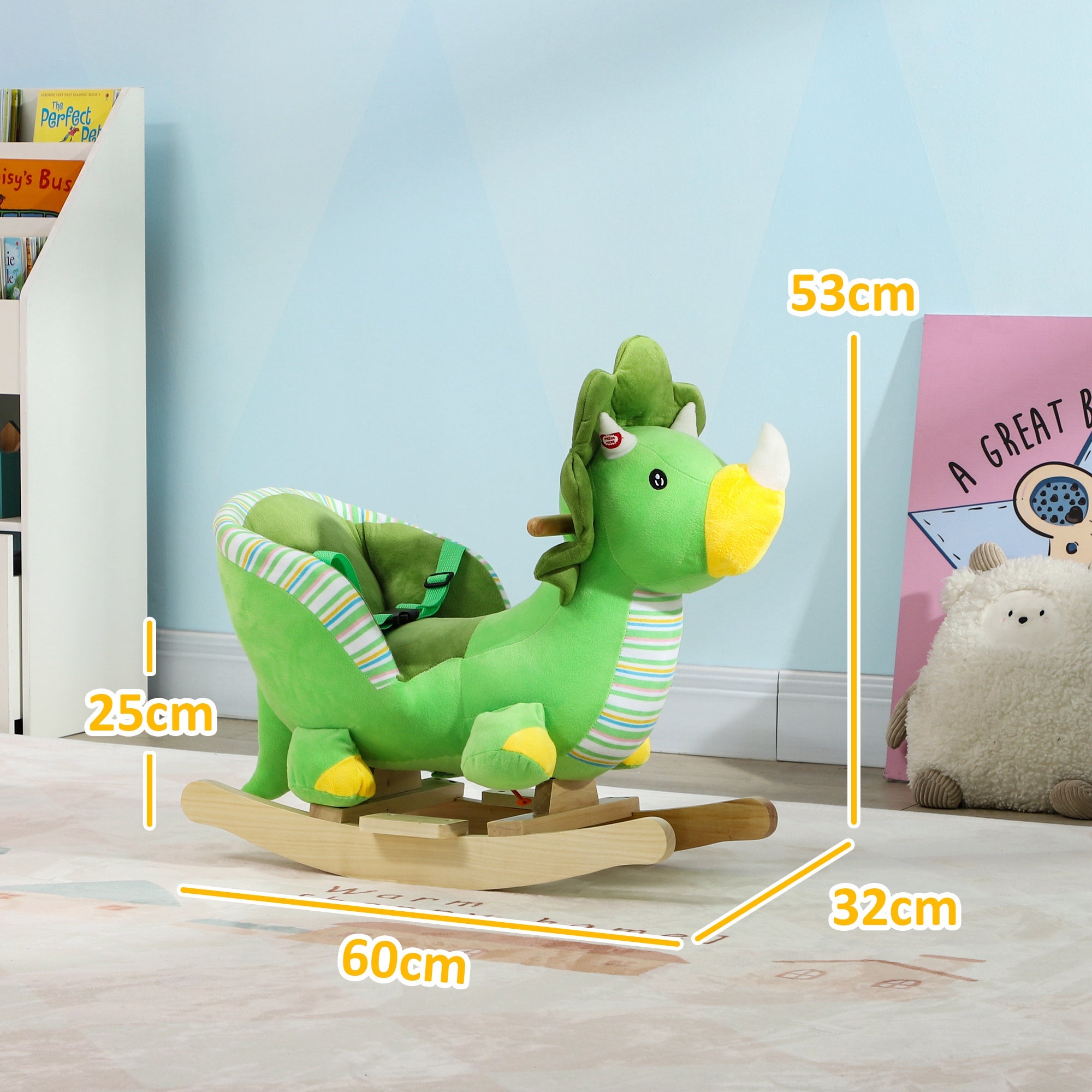 AIYAPLAY Baby Rocking Dinosaur with Animal Sounds, Safety Belt, Wooden Base, for Toddlers 18-36 Months, Green - North Peak Garden Furniture