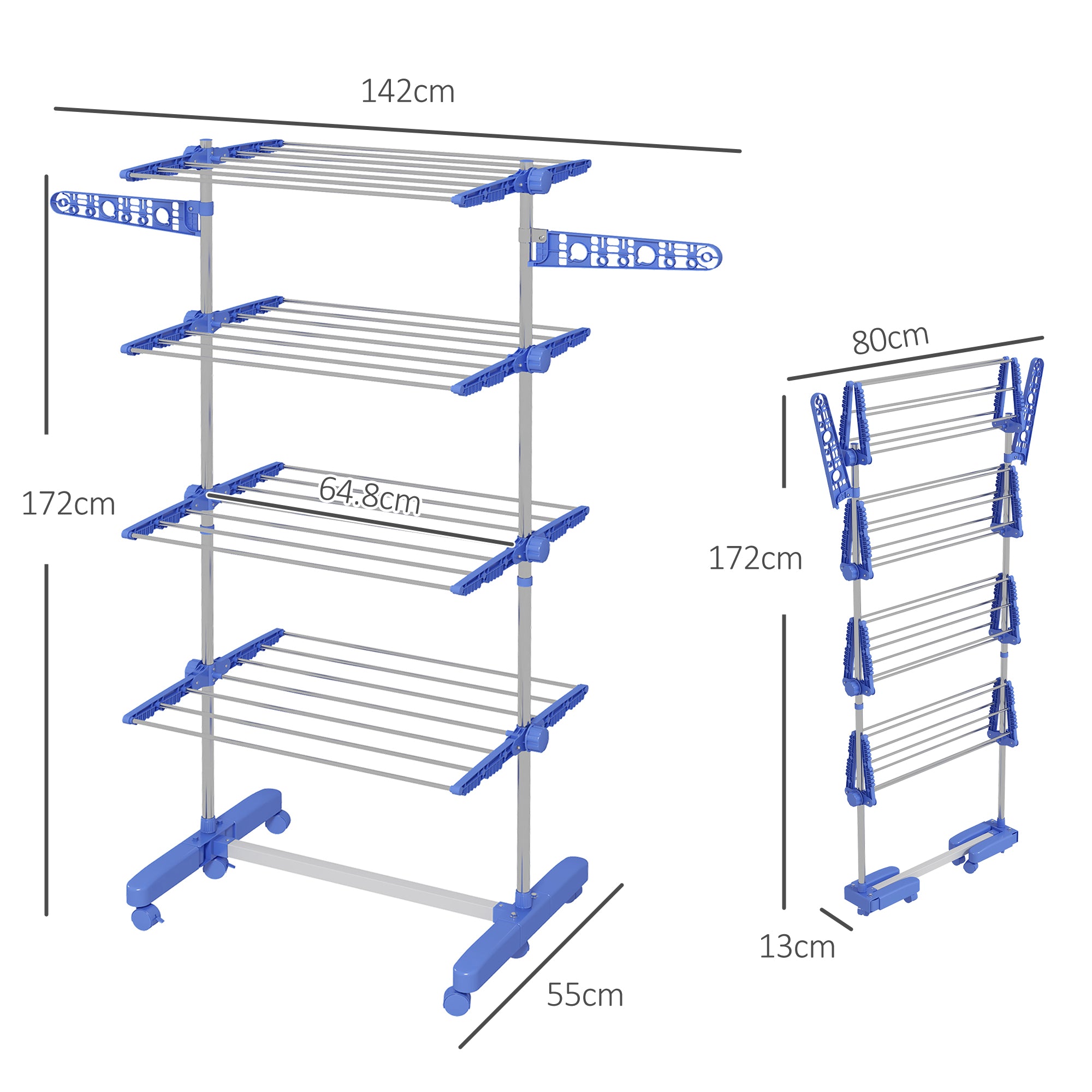HOMCOM Four-Shelf Collapsing Clothes Horse, With Side Arms and Wheels - Blue - North Peak Garden Furniture