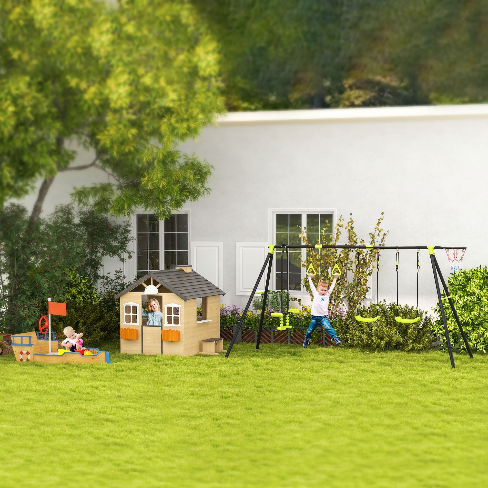 Outsunny Wooden Playhouse for Kids Outdoor Wendy House with Door, windows, Bench, Service Stations, Flowerpot Holder, For Ages 3-7 Years - North Peak Garden Furniture