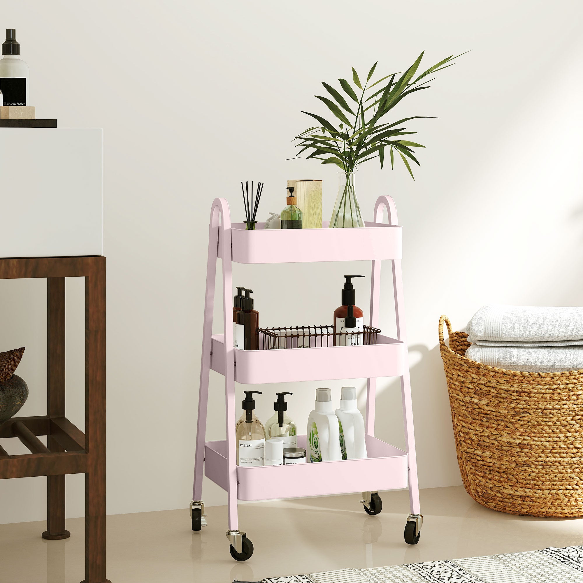 HOMCOM Three-Tier Storage Trolley - Pink - North Peak Garden Furniture