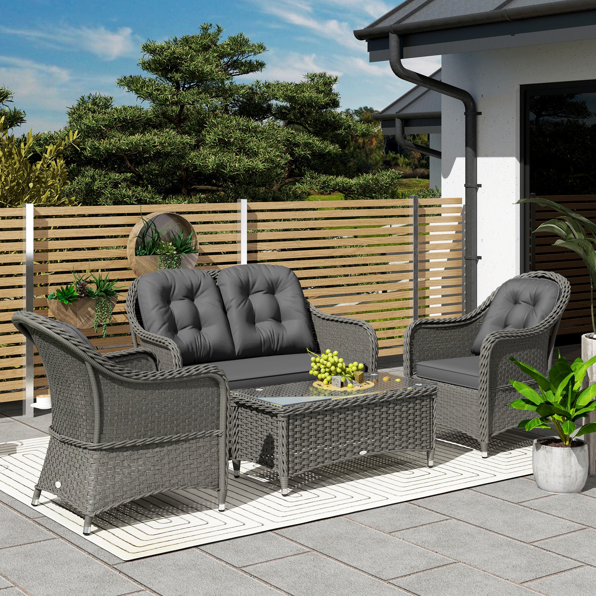 Outsunny Four-Piece Rattan Sofa Set, with Glass-Top Table - Light Grey - North Peak Garden Furniture