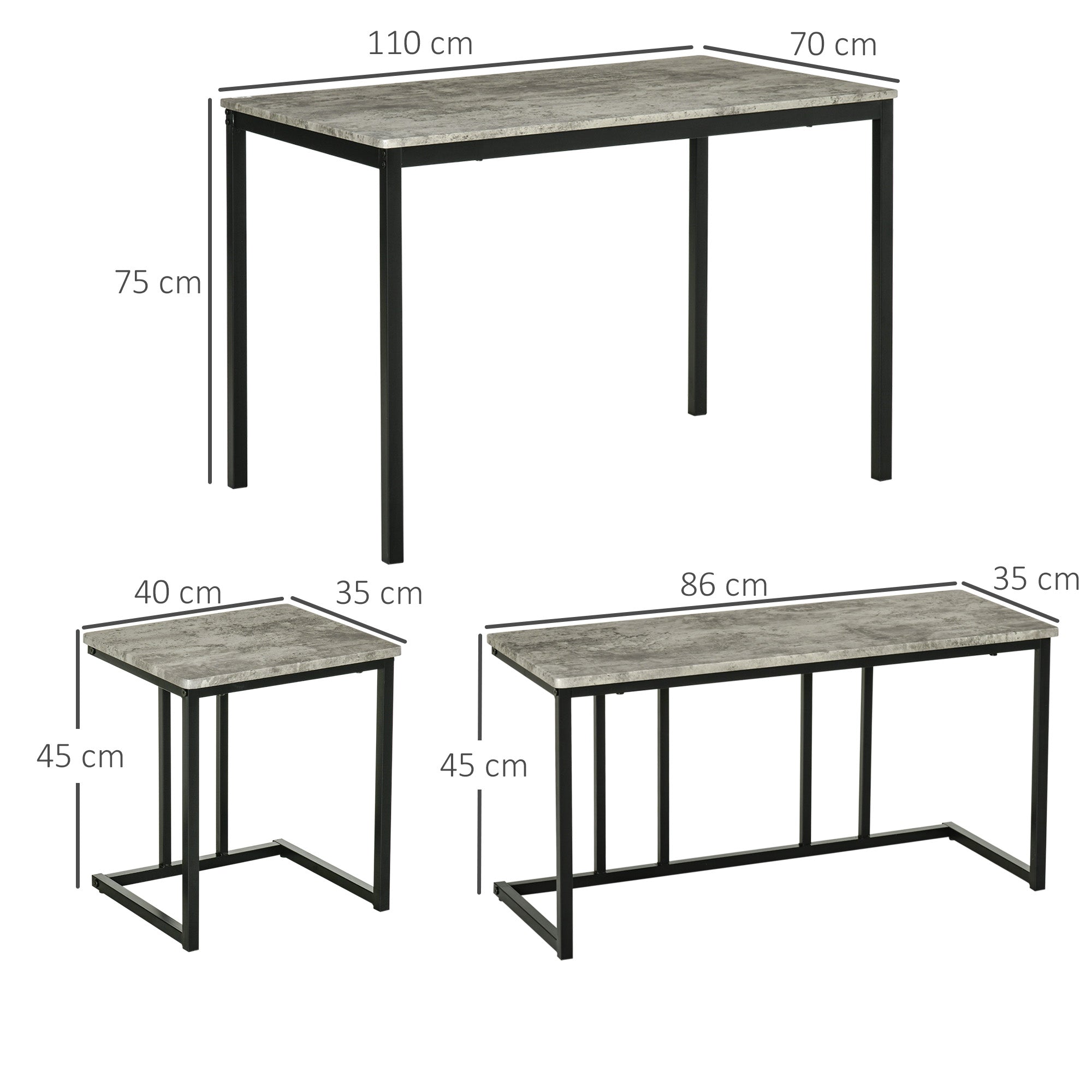 HOMCOM Dining Table and Chairs Set for 4 People, Concrete Effect Kitchen Table and Bench Set with Steel Frame, 4 Piece Dining Room Sets, Grey - North Peak Garden Furniture
