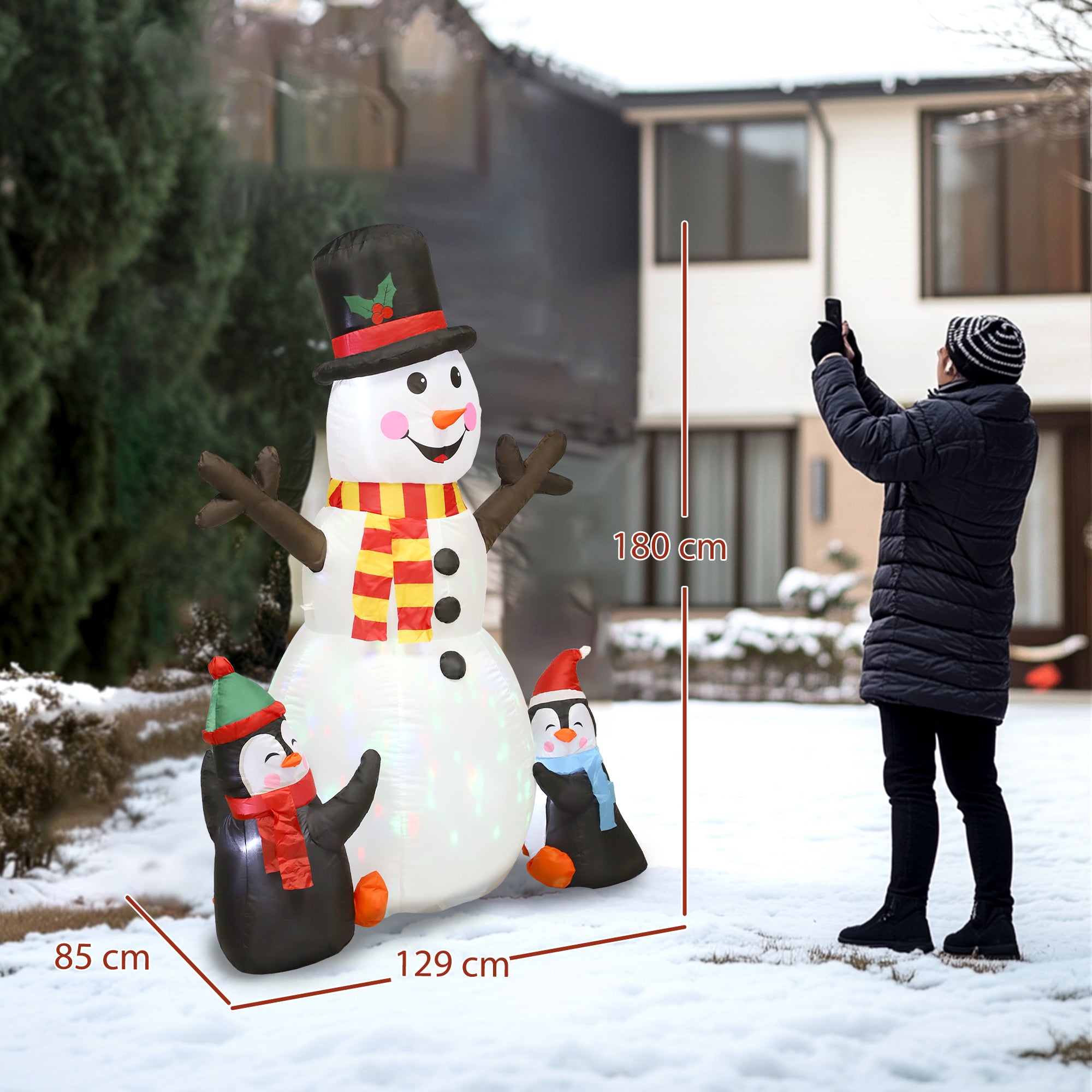 Outsunny 6FT Christmas Inflatables Snowman & Penguins with Built-in LED Lights and Flashing Projector Light, Blow Up Christmas Inflatable Decoration for Indoor Outdoor Decor, Garden