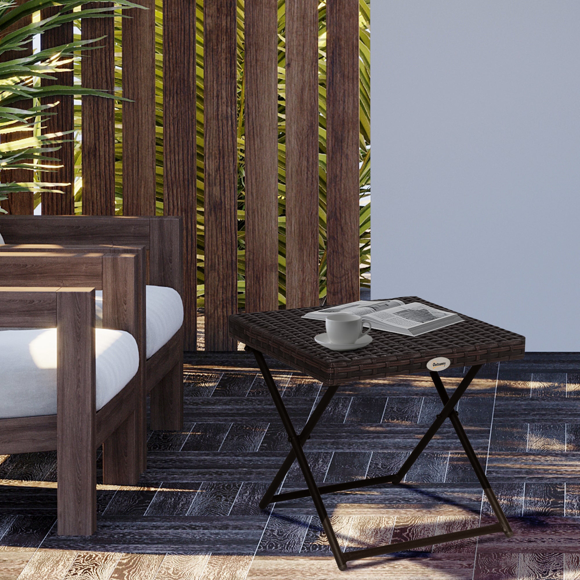 Outsunny Garden Small Folding Square Rattan Coffee Table Bistro Balcony Outdoor Wicker Weave Side Table 40H x 40L x 40Wcm Brown - North Peak Garden Furniture