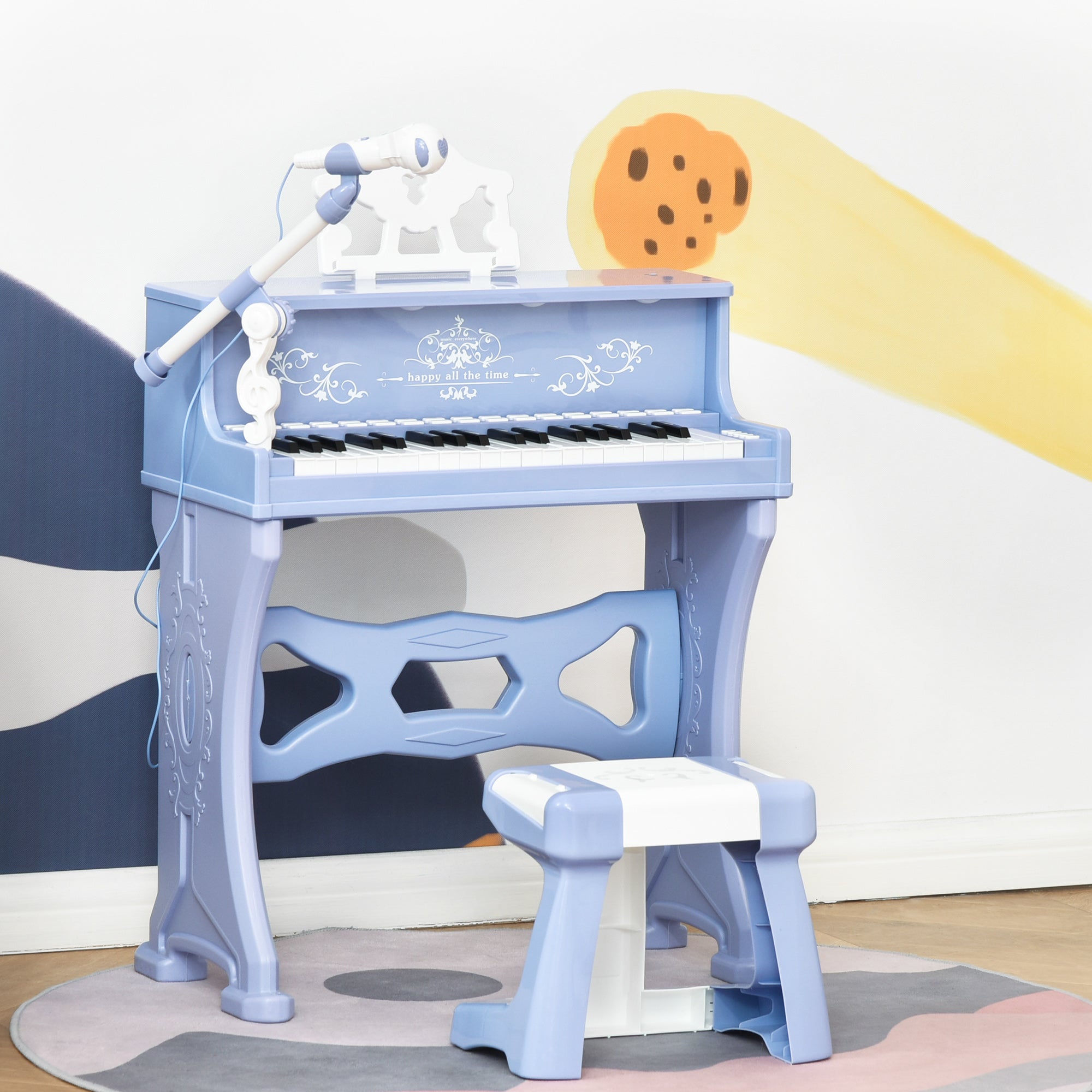 HOMCOM 37 Keys Kids Piano Mini Electronic Keyboard Light Kids Musical Instrument Educational Game Children Grand Piano Toy Set w/Stool & Microphone & Music Stand (Blue) - North Peak Garden Furniture