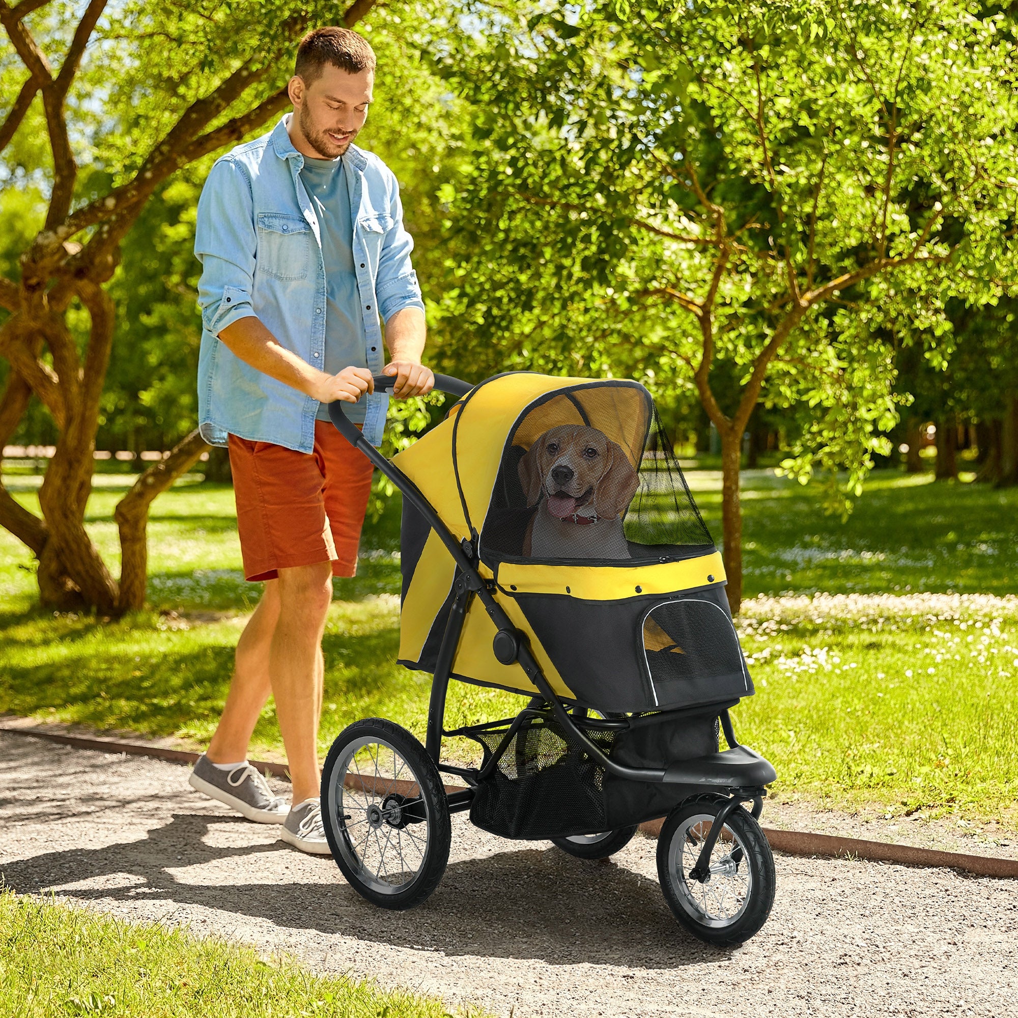 PawHut Foldable Pet Stroller Jogger, with Three Wheels, Canopy, for Medium and Small Dogs, Yellow - North Peak Garden Furniture