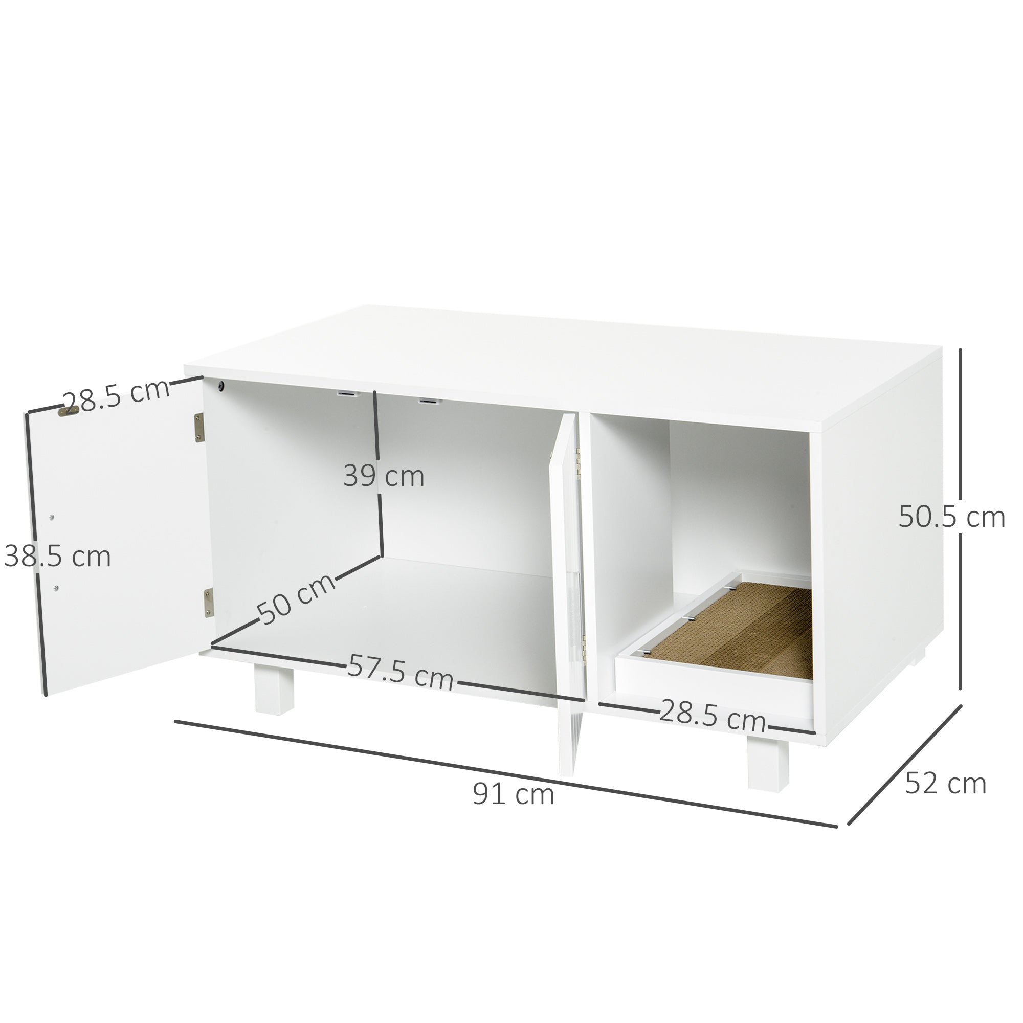 PawHut Wooden Cat Litter Box Enclosure & House with Nightstand/End Table Design, Scratcher, & Magnetic Doors, White - North Peak Garden Furniture