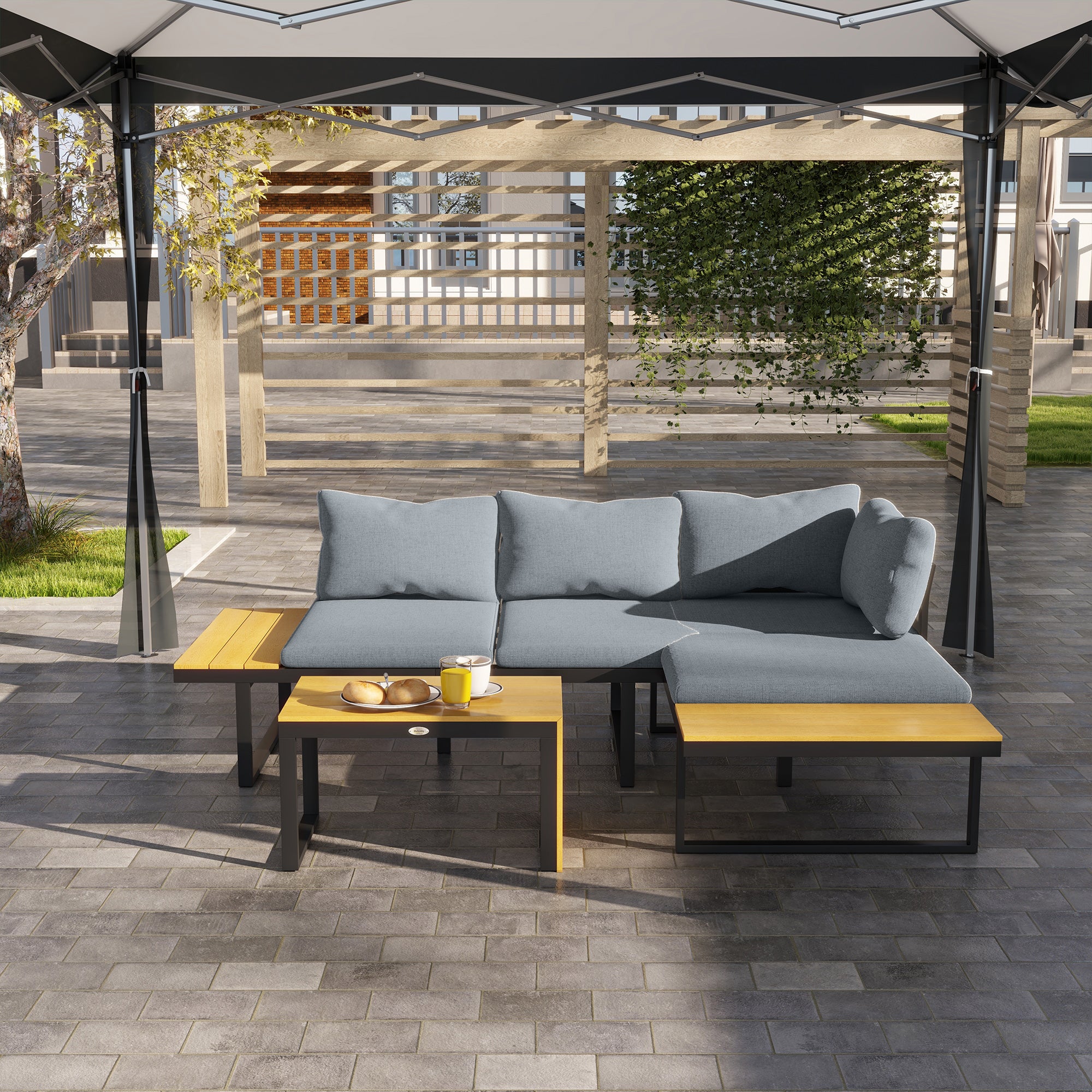 Outsunny 3 Pieces Patio Furniture Set, Outdoor Garden Sofa Conversation Set w/ Padded Cushions, Wood Grain Plastic Top Table and Side Panel, Dark Grey - North Peak Garden Furniture