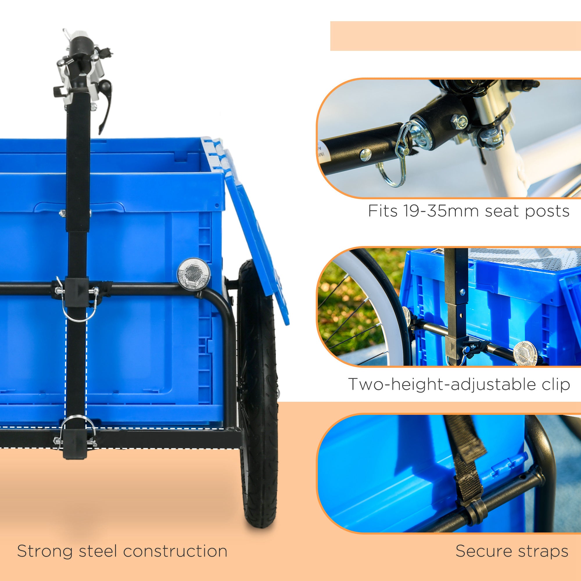 HOMCOM Steel Trailer for Bike, Bicycle Cargo Trailer with 65L Foldable Storage Box and Safe Reflectors, Max Load 40KG, Blue - North Peak Garden Furniture