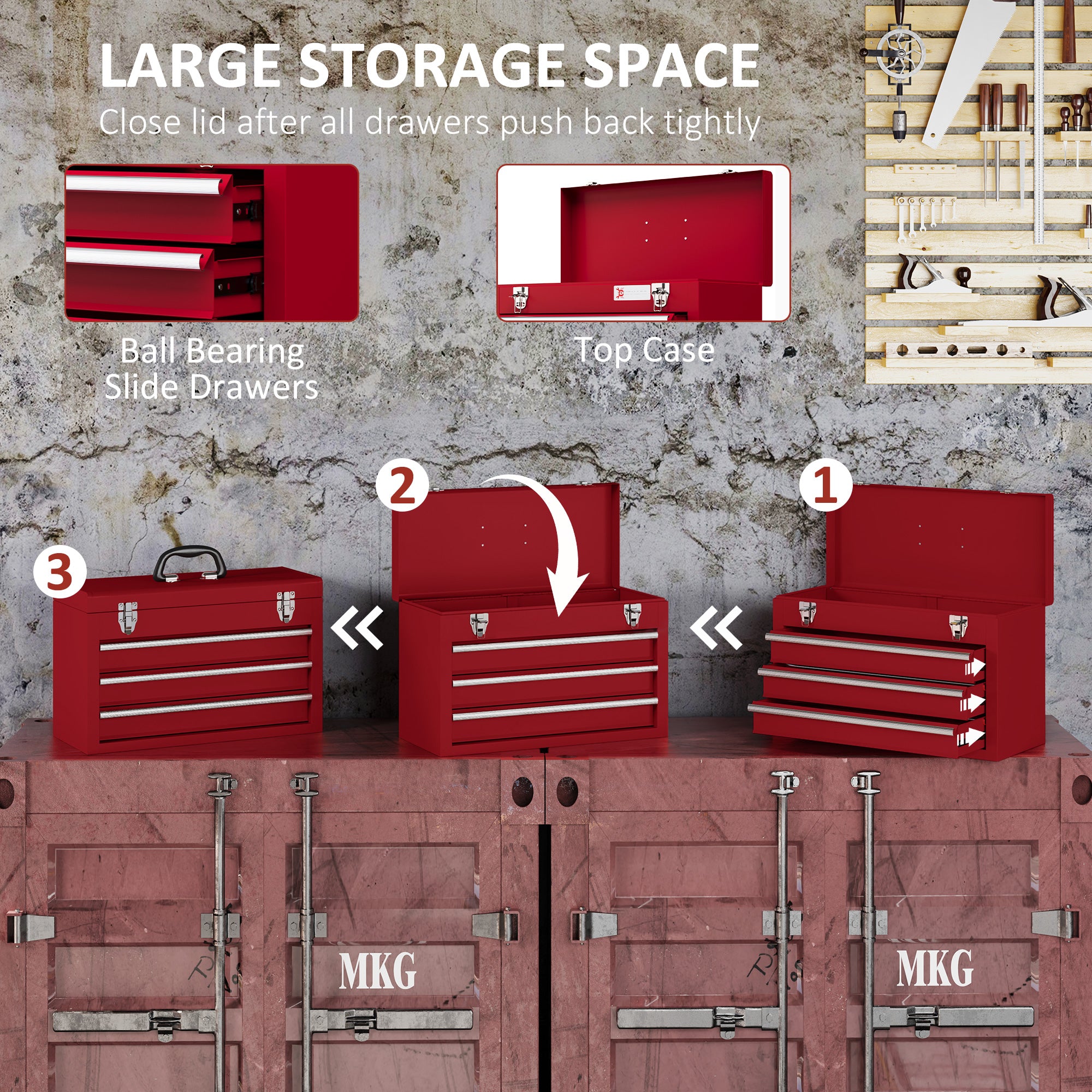 DURHAND Lockable Metal Tool Box, 3 Drawer Tool Chest with Latches, Handle, Ball Bearing Runners, Red - North Peak Garden Furniture