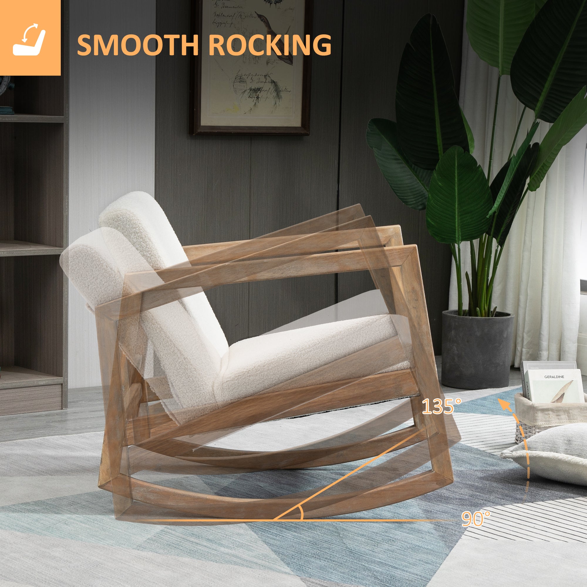 HOMCOM Rocking Chair, Upholstered Sofa Armchair with Cushion and Wood Base for Living Room and Bedroom, Cream White - North Peak Garden Furniture