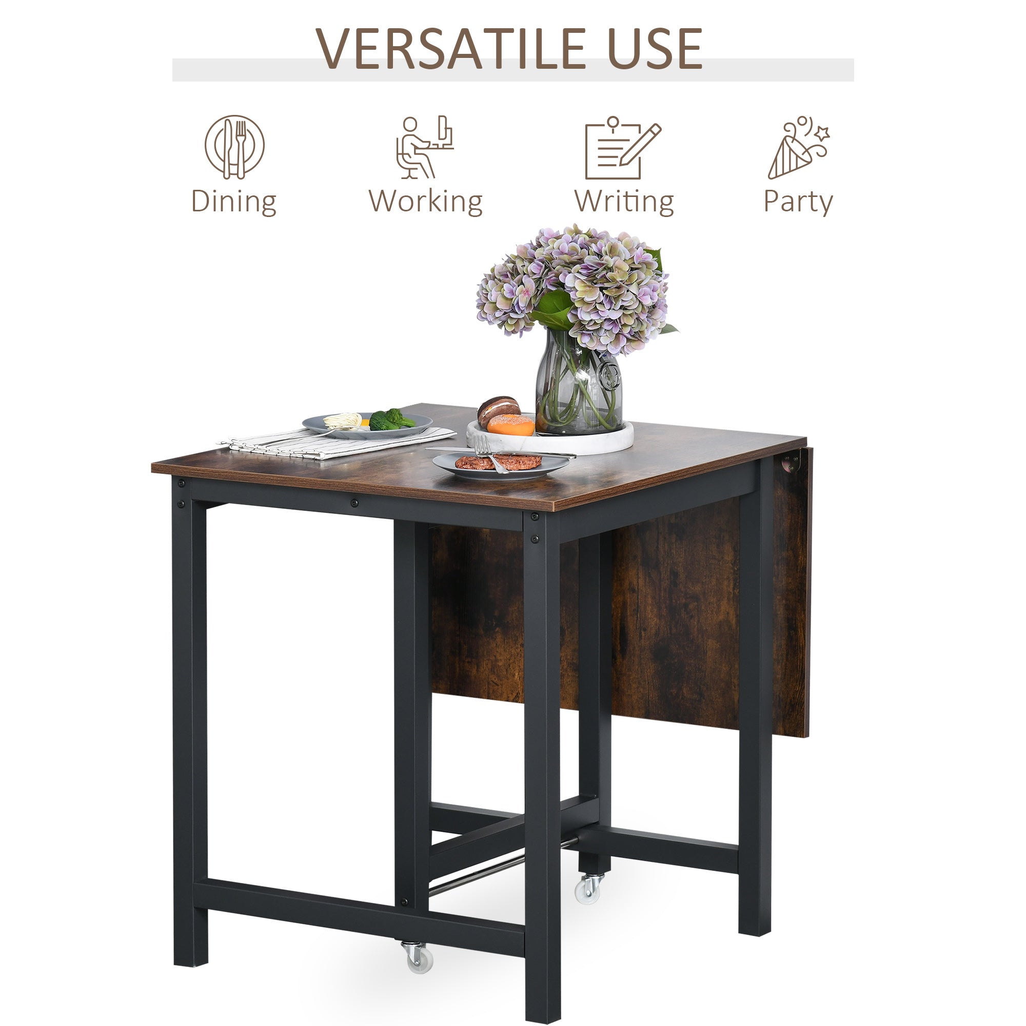 HOMCOM Folding Dining Table, Industrial Drop Leaf Table with Wheels and Metal Frame for Kitchen, Dining Room, Space Saving, Rustic Brown - North Peak Garden Furniture