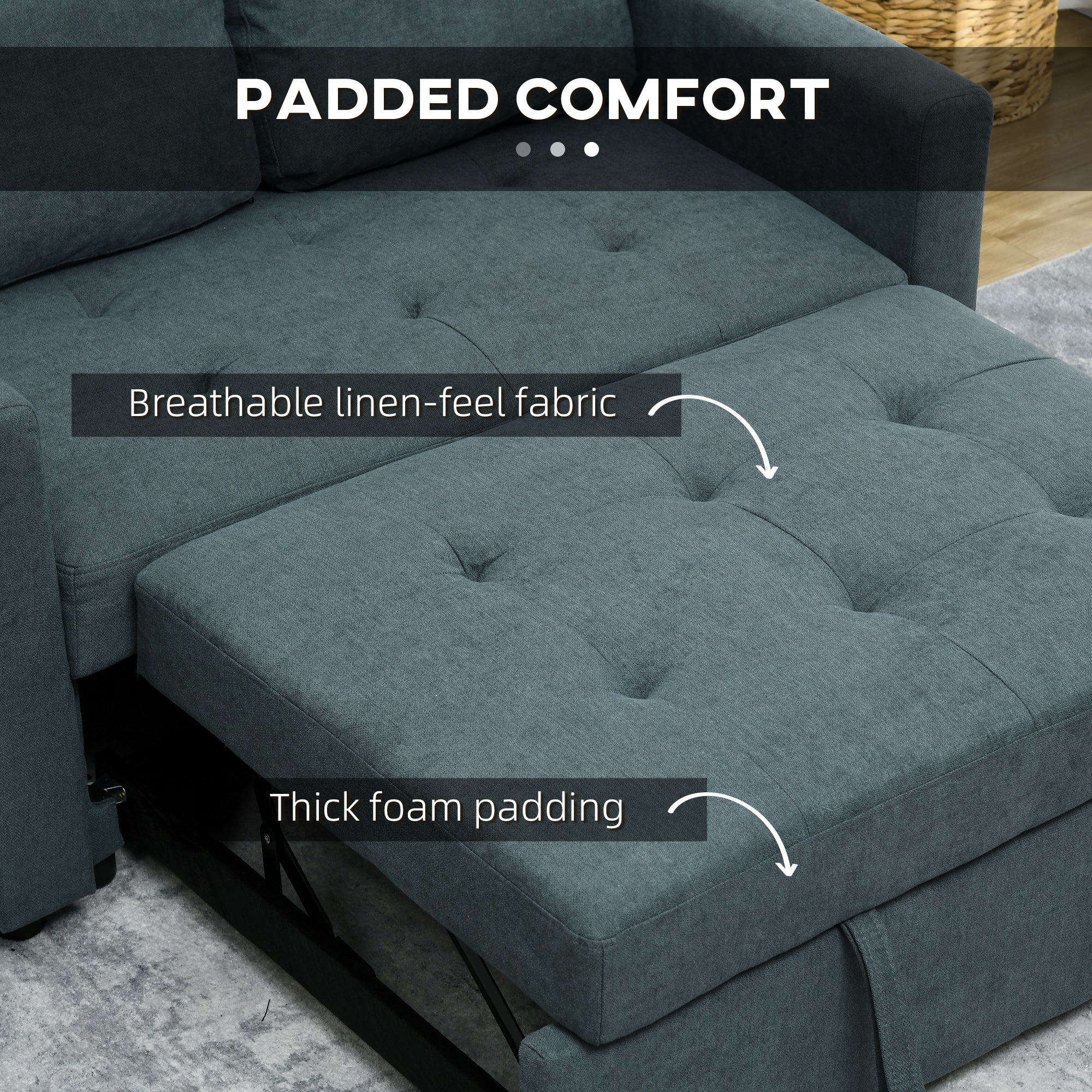 HOMCOM Loveseat Sofa Bed, Convertible Bed Settee with 2 Cushions, Side Pockets for Living Room, Charcoal Grey - North Peak Garden Furniture