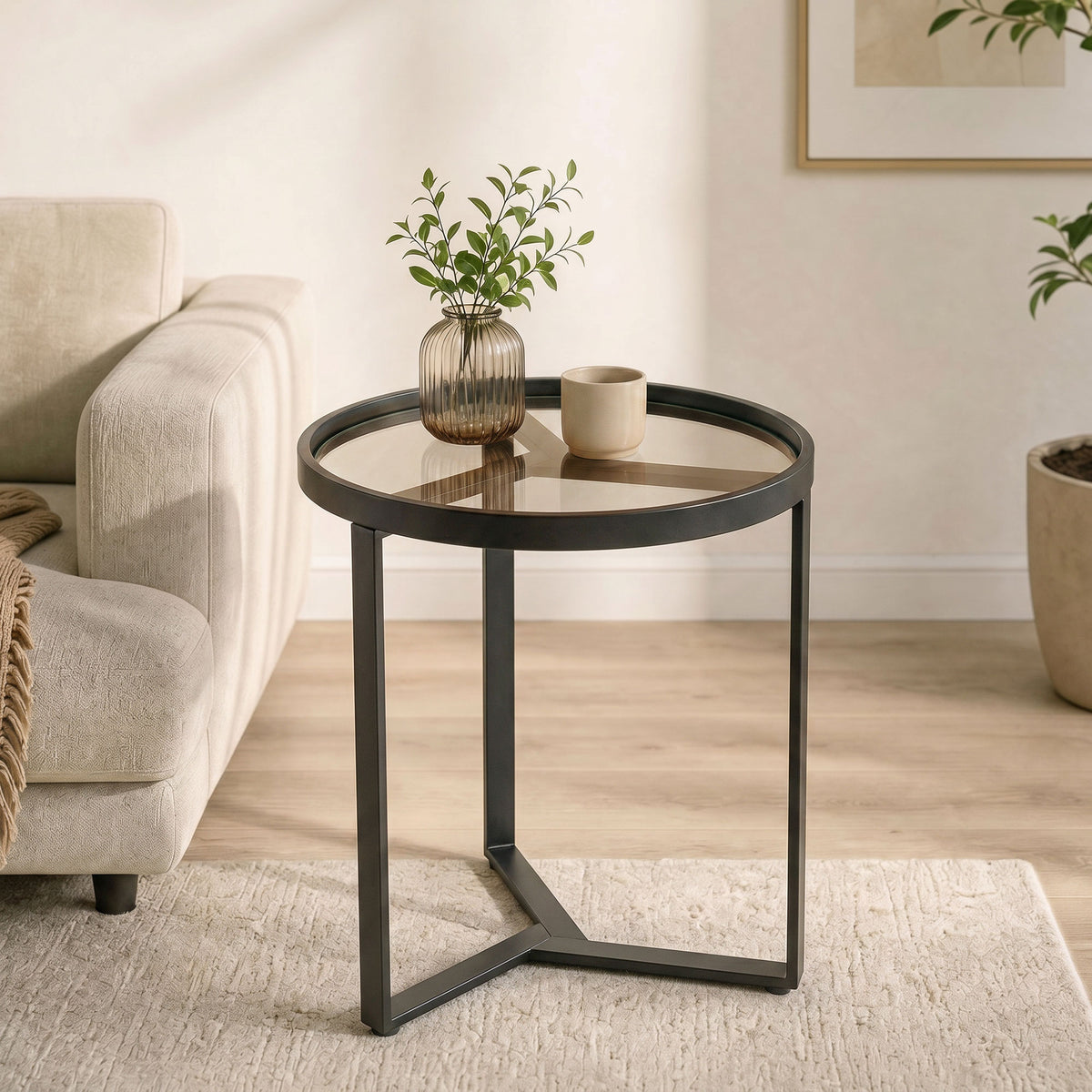 HOMCOM Round Side Table with Tempered Glass Top and Geometric Metal Frame for Small Space, Black