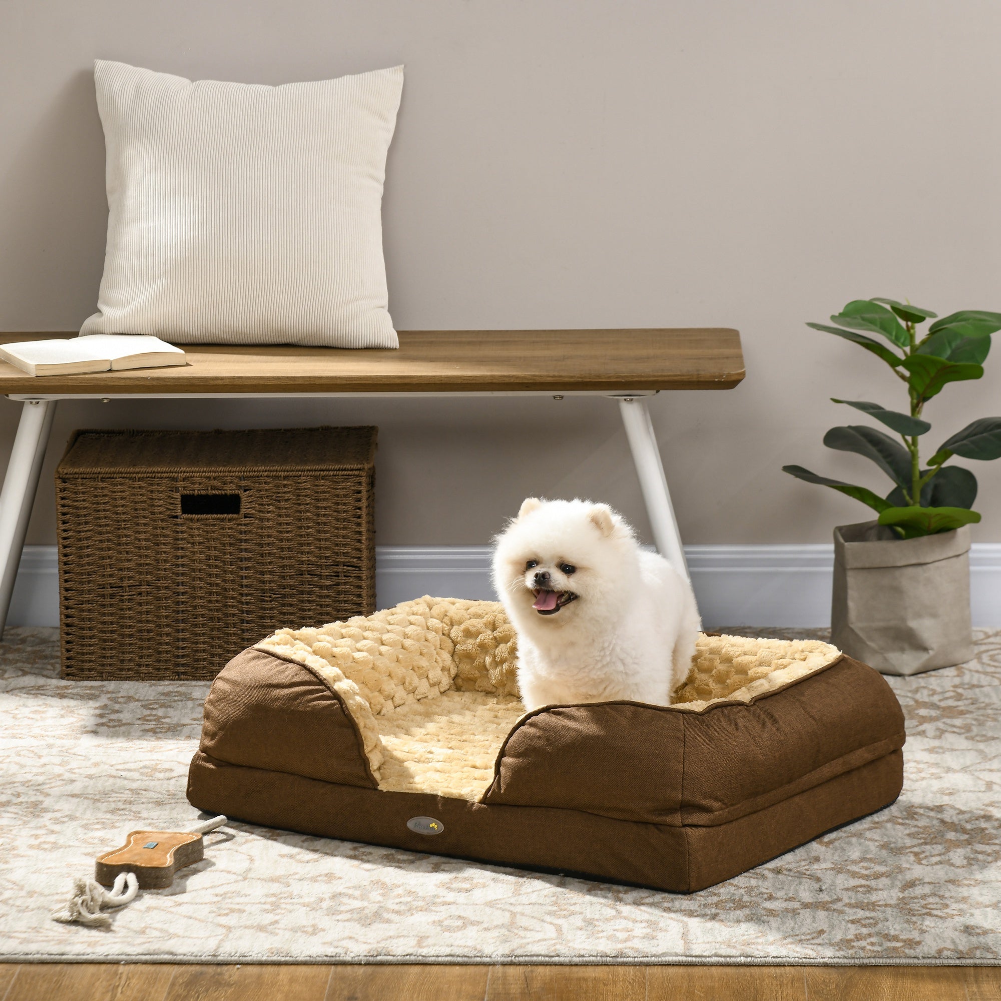 PawHut Calming Dog Bed Pet Mattress w/ Removable Cover, Anti-Slip Bottom, for Small Dogs, 70L x 50W x 18Hcm - Brown - North Peak Garden Furniture