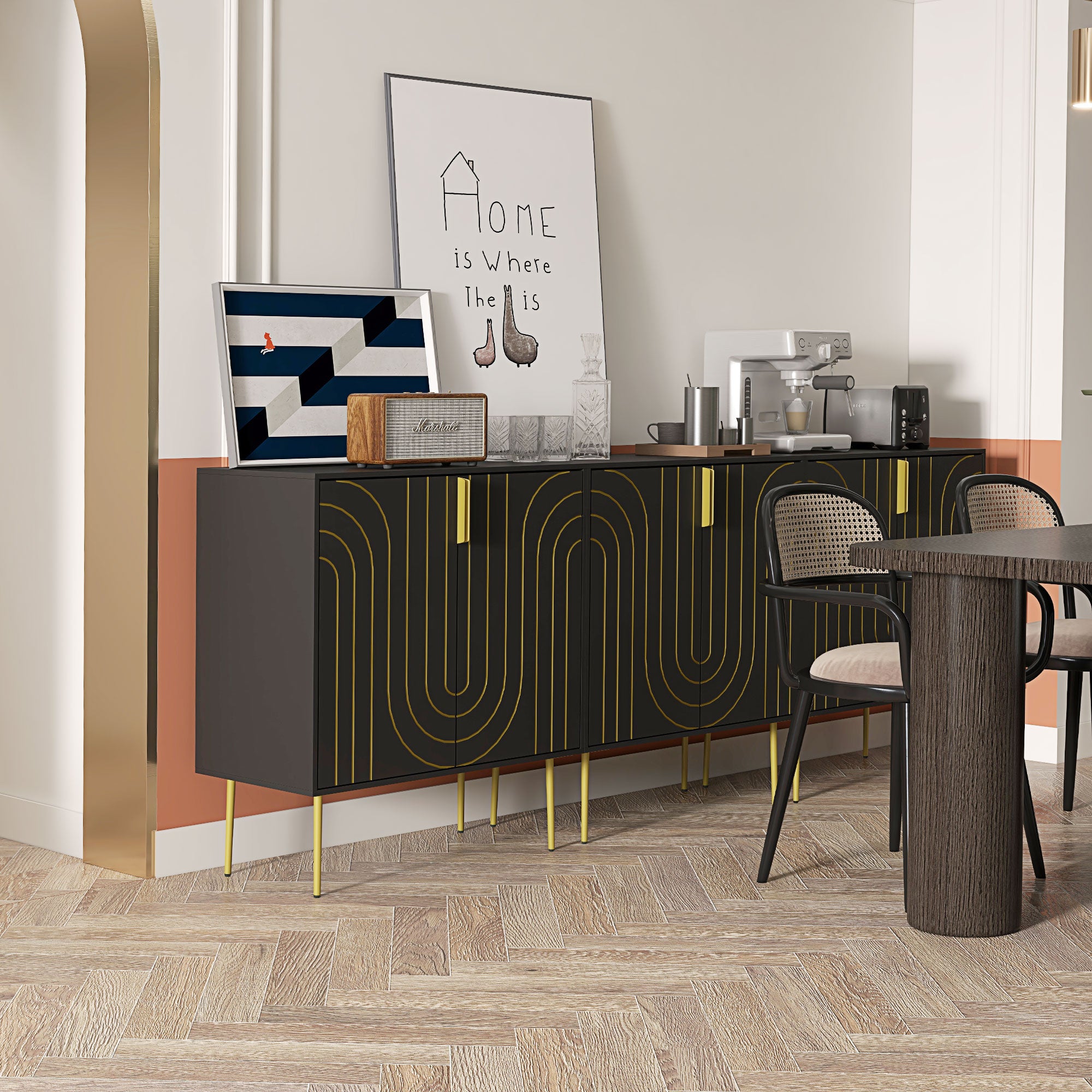 HOMCOM Art Deco Inspired Sideboard, with Adjustable Shelf - Black/Gold Tone - North Peak Garden Furniture