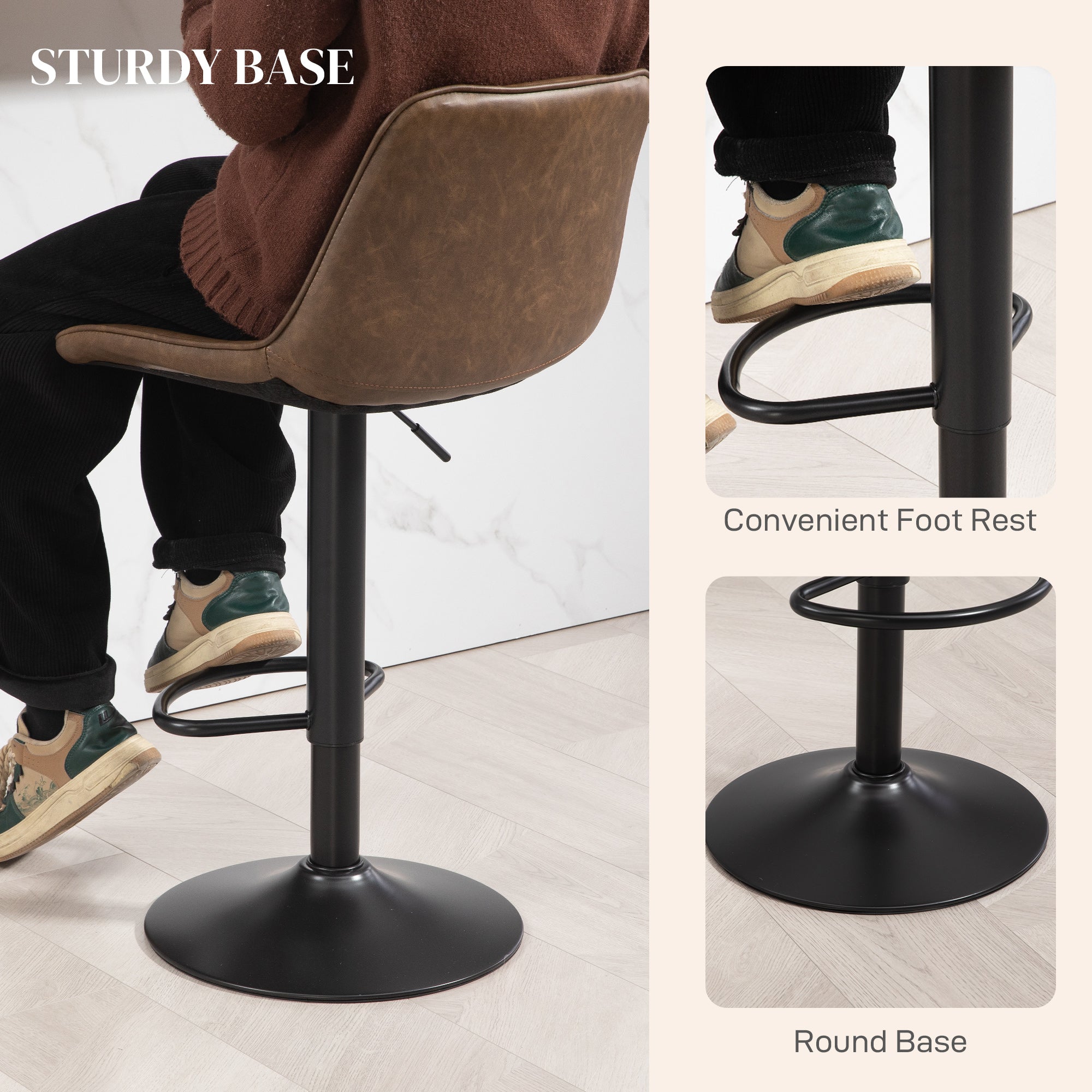 HOMCOM Bar Stools Set of 2, Retro Adjustable Kitchen Stool, Swivel PU Leather Upholstered Bar Chairs with Back, Footrest and Steel Base, Brown - North Peak Garden Furniture