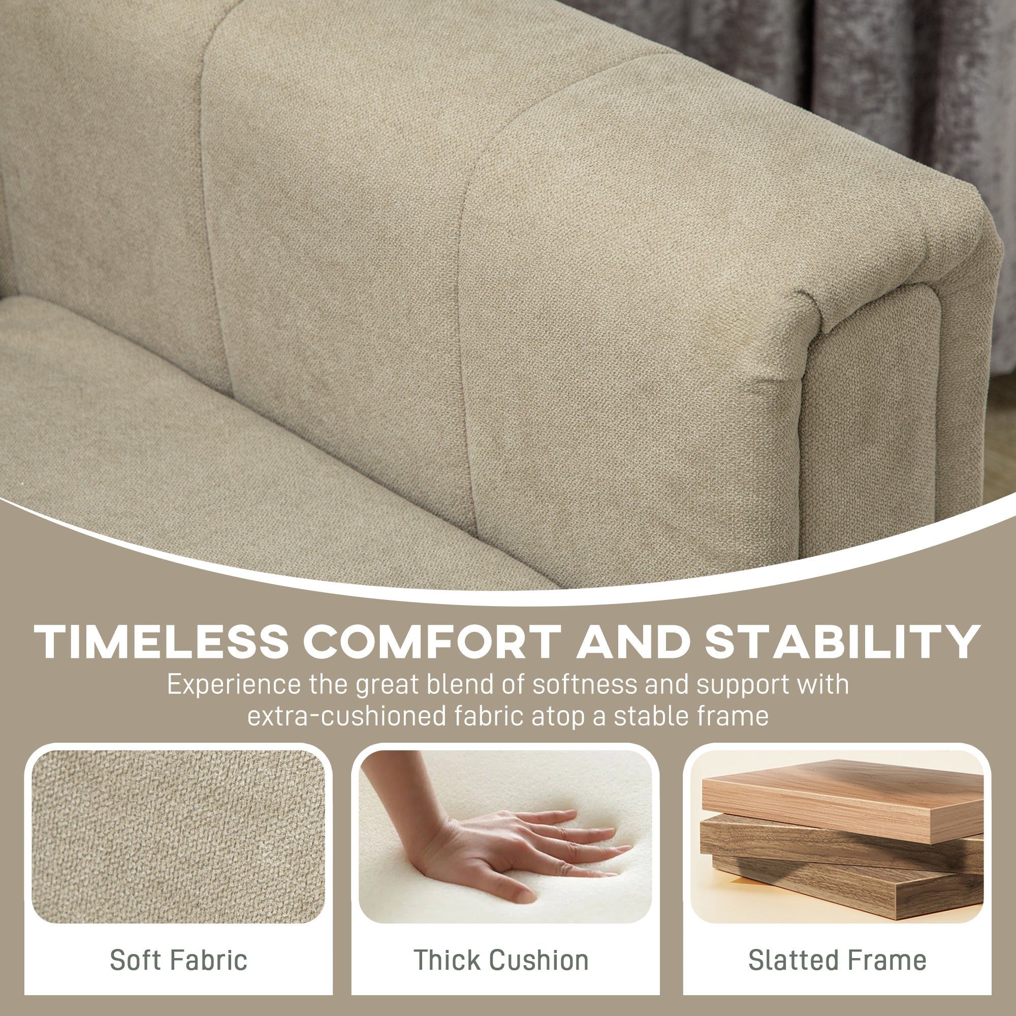 HOMCOM 3 Seater Sofa, Modern Fabric Sofa Couch, Channel Tufted Upholstered Sofa Settee for Living Room, Guest Room, Bedroom, Home Office, Khaki - North Peak Garden Furniture