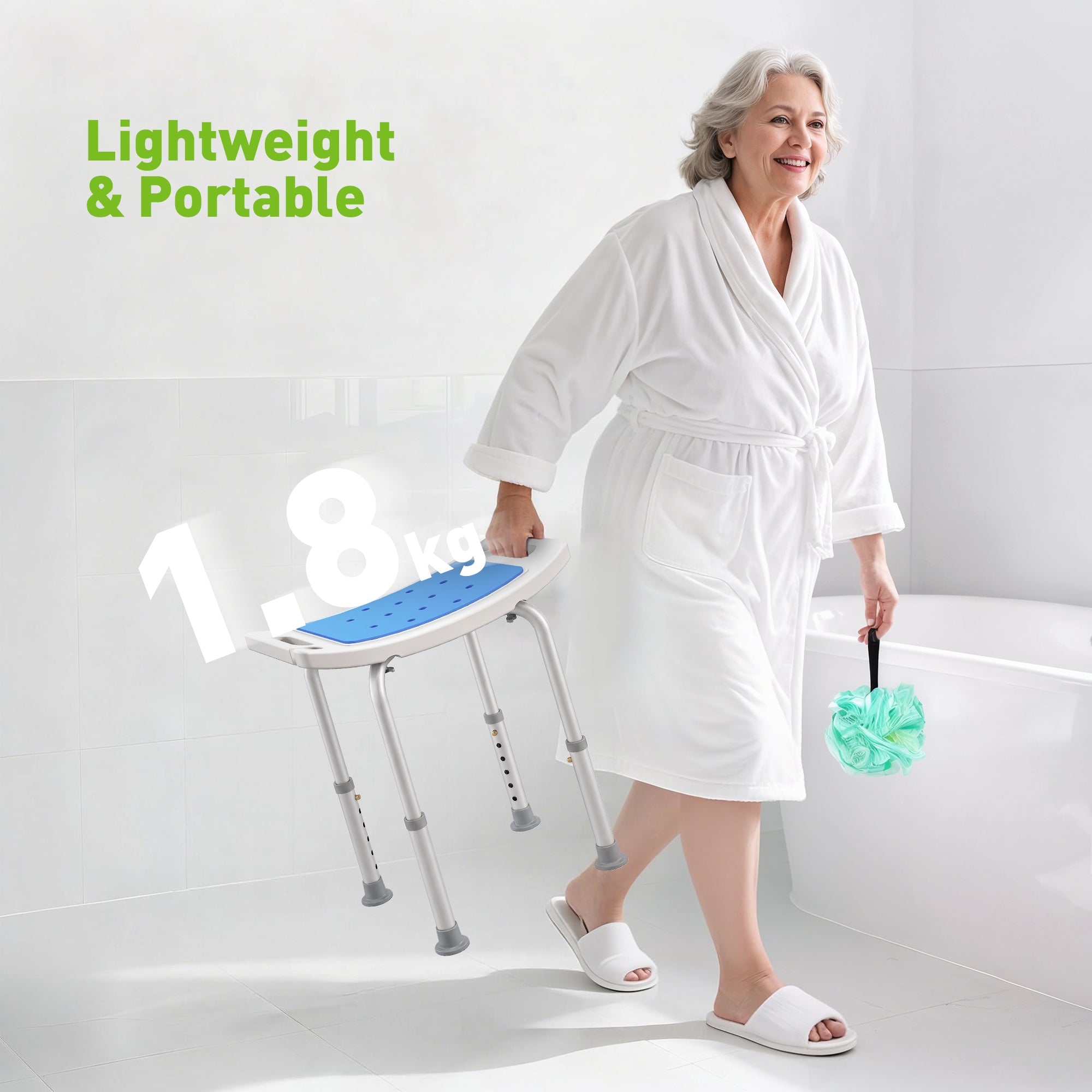 HOMCOM 6-Level Height Adjustable Aluminium Bath Room Stool Chair Shower Non-Slip Design w/ Padded Seat Drainage Holes Foot Pad, Blue