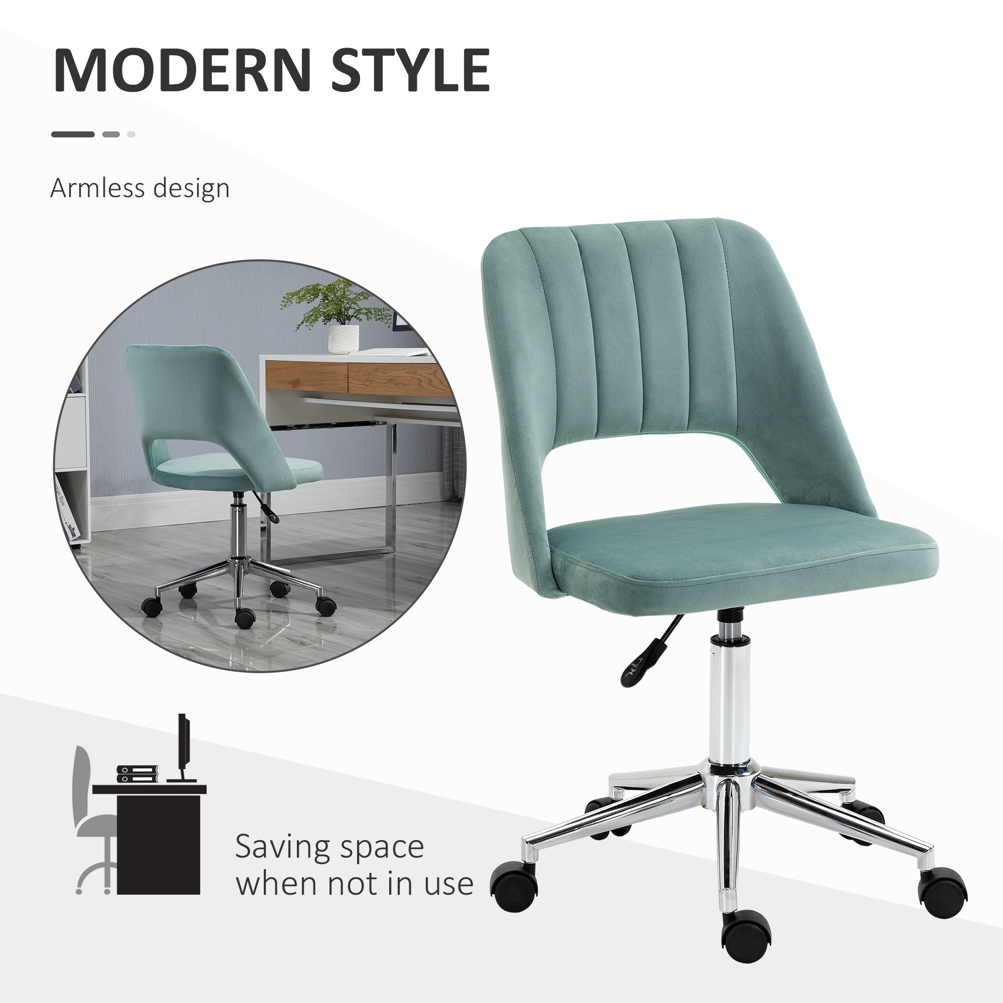 Vinsetto Mid Back Office Chair Velvet Fabric Swivel Scallop Shape Computer Desk Chair for Home Study Bedroom Green - North Peak Garden Furniture
