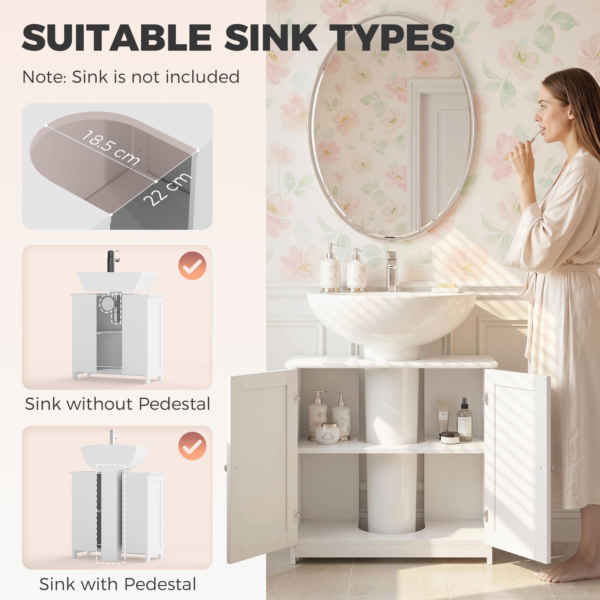 kleankin 60x60cm Under-Sink Storage Cabinet w/ Adjustable Shelf Handles Drain Hole Bathroom Cabinet Space Saver Organizer White