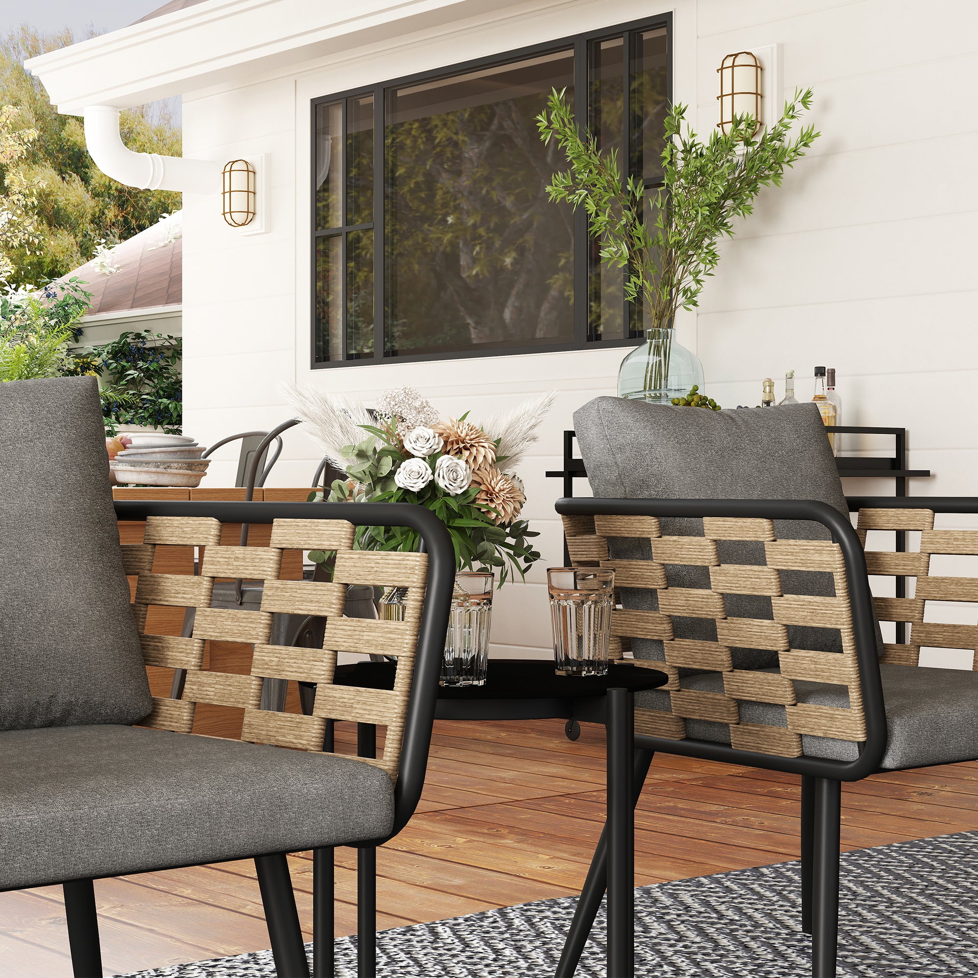 Outsunny 3 Pieces Rattan Bistro Set with Washable Seat and Back Cushions, Glass Top Coffee Table, for Outdoor, Patio, Black - North Peak Garden Furniture