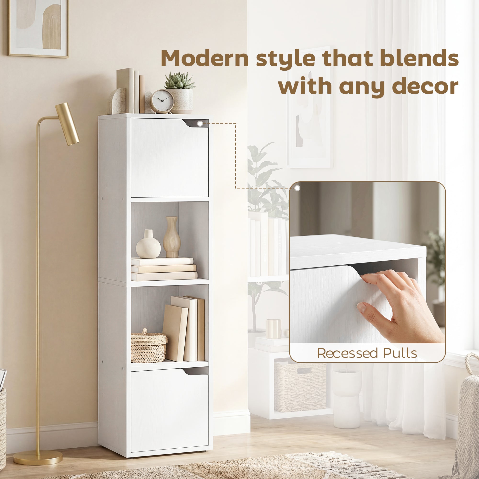 HOMCOM Narrow Bookcase, 4-Tier Bookshelf, Storage Cabinet with doors for Living Room, Bedroom, White