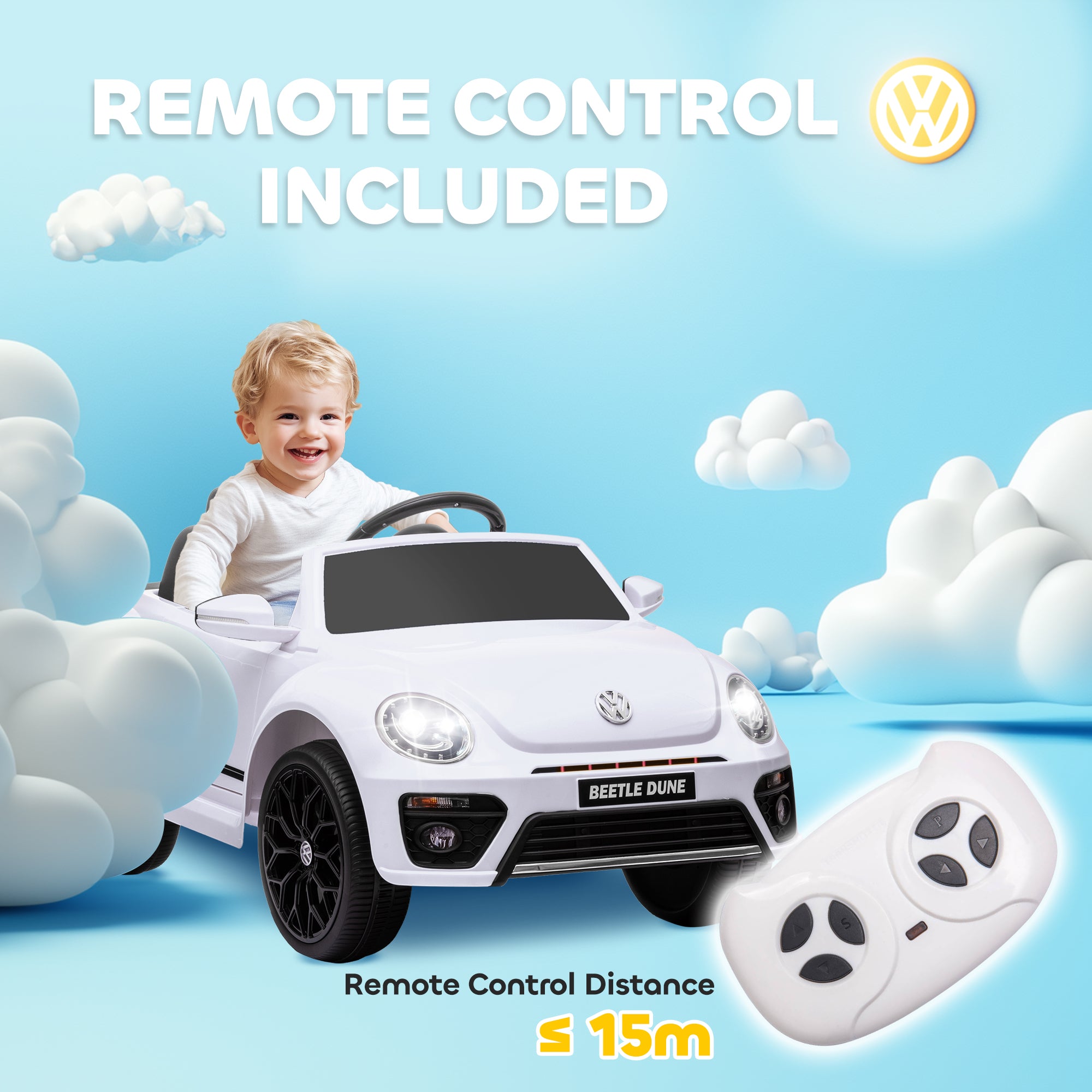AIYAPLAY Volkswagen Beetle Licensed 12V Ride on Car w/ Remote Control, Suspension Wheels, Soft Start, Lights, Music, White - North Peak Garden Furniture