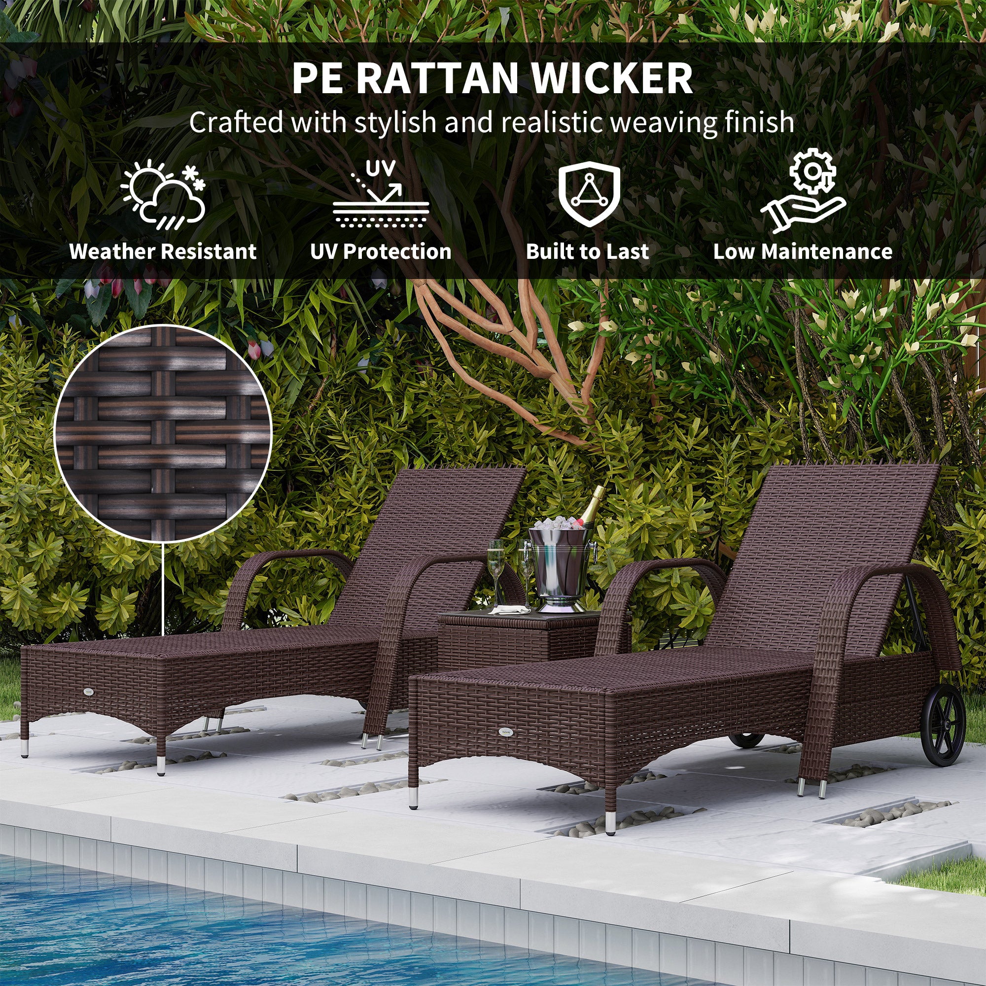 Outsunny 3 Pieces PE Rattan Patio Lounge Chair Set, Outdoor Recliner Lounge Chairs with Wheels, for Outside with Cushions, Headrest, Coffee Table for Garden, Poolside, Brown