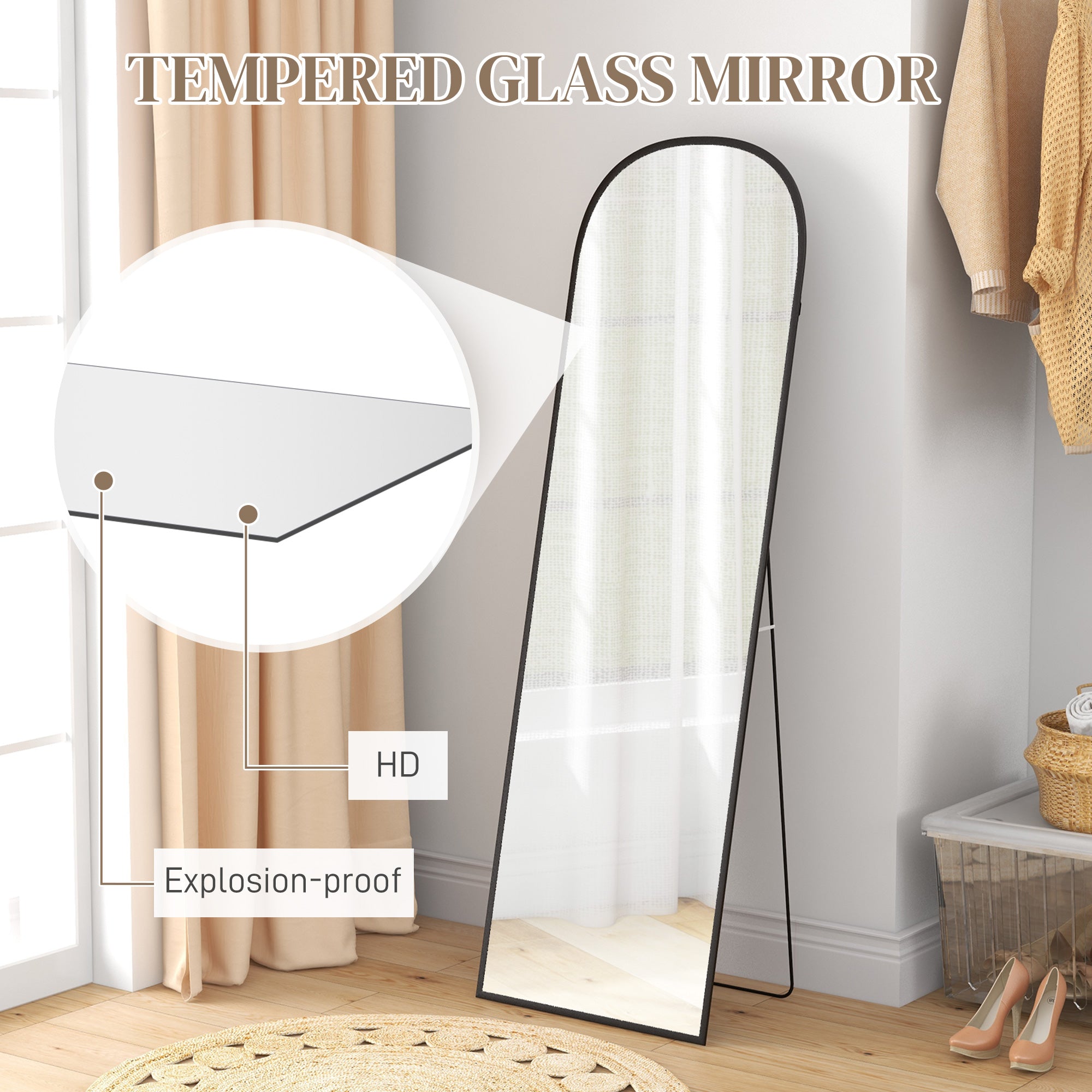 HOMCOM 162cm Aluminium Frame Standing Mirror - Black - North Peak Garden Furniture