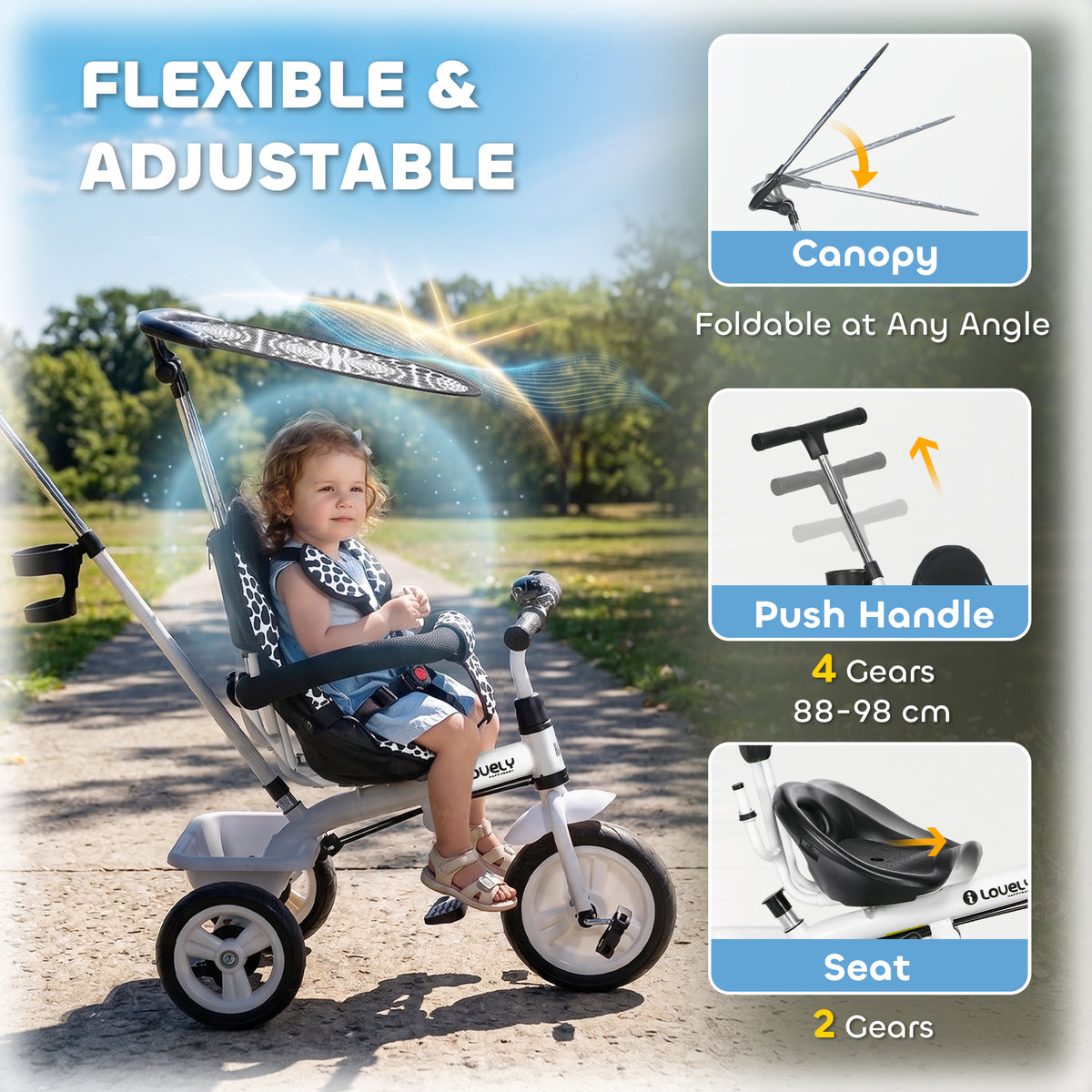 HOMCOM 6 in 1 Tricycle for Kids with 5-point harness straps, Removable Canopy, White